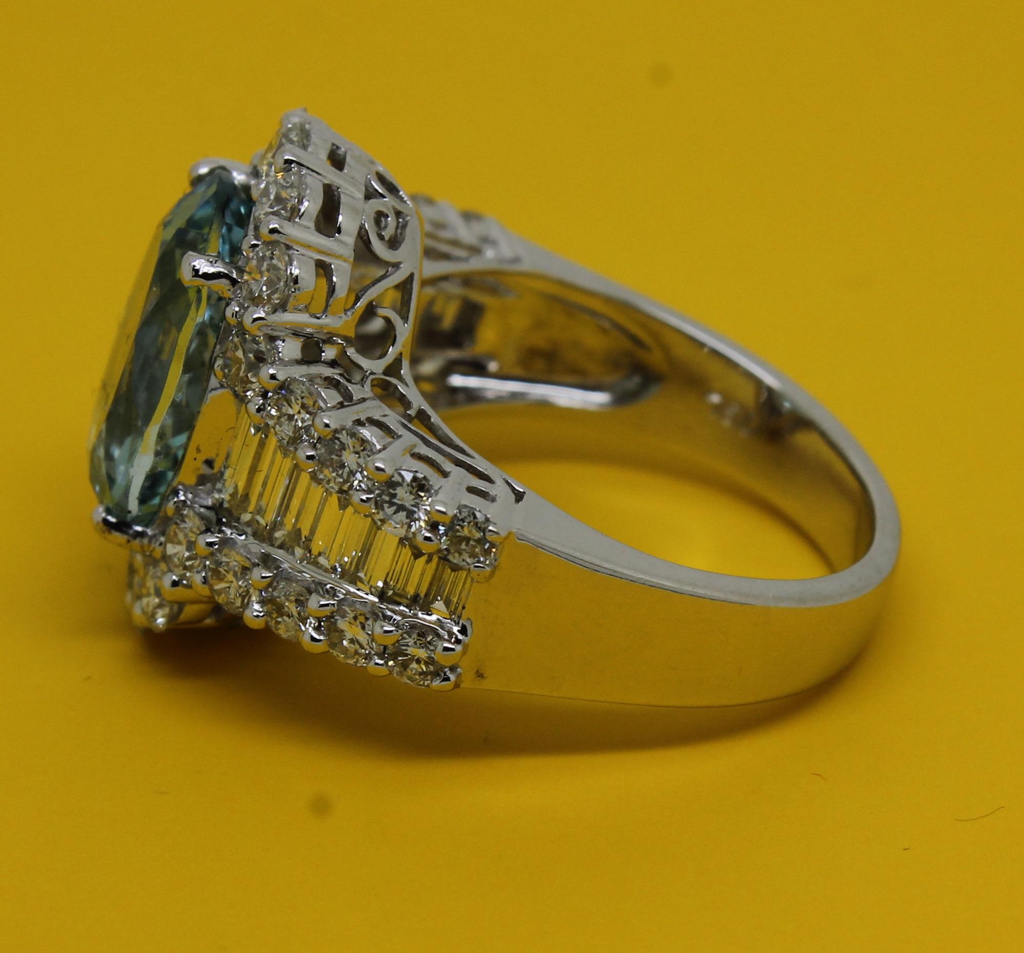 Women's Aquamarine 8.50 Carat Bespoke 18 Karat White Gold 3 Carat Diamond Halo Ring For Sale