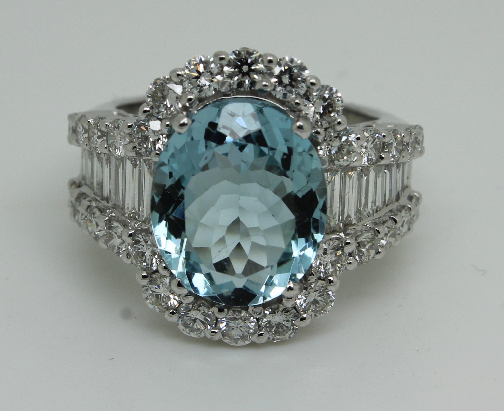 Aquamarine 8.50 Carat Bespoke 18 Karat White Gold 3 Carat Diamond Halo Ring For Sale 1