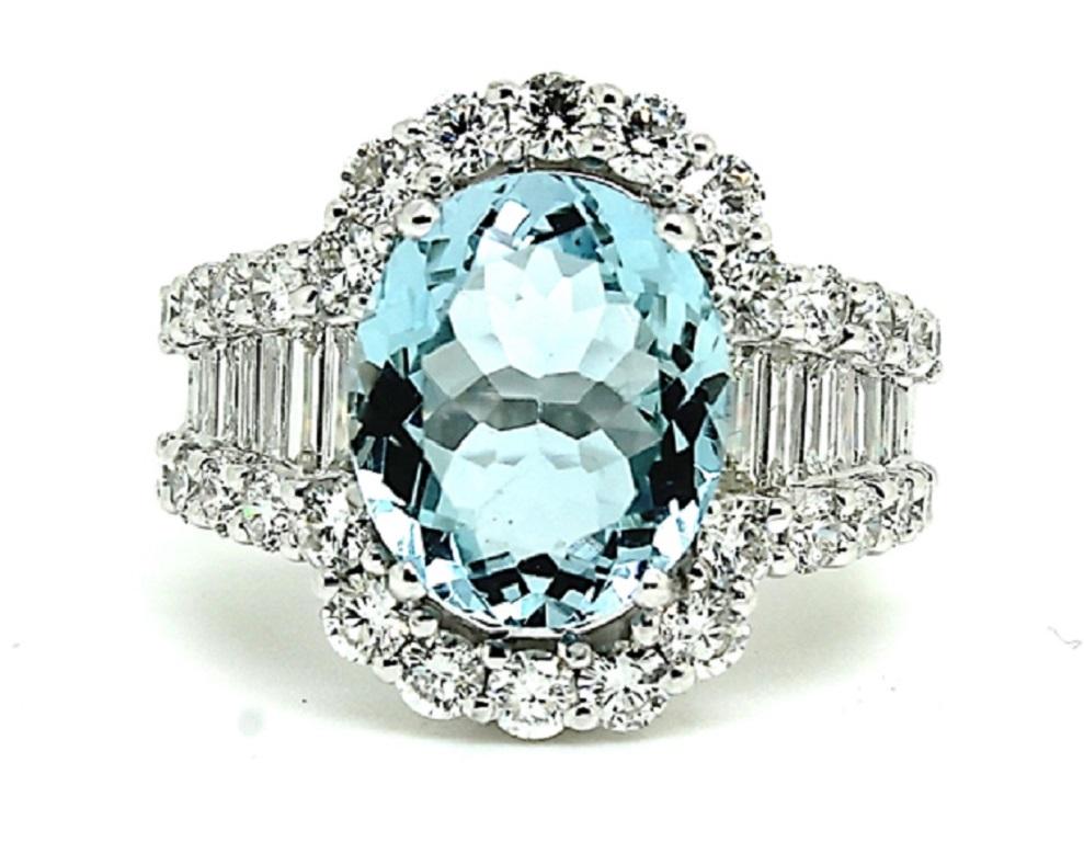 Aquamarine 8.50 Carat Bespoke 18 Karat White Gold 3 Carat Diamond Halo Ring For Sale 2