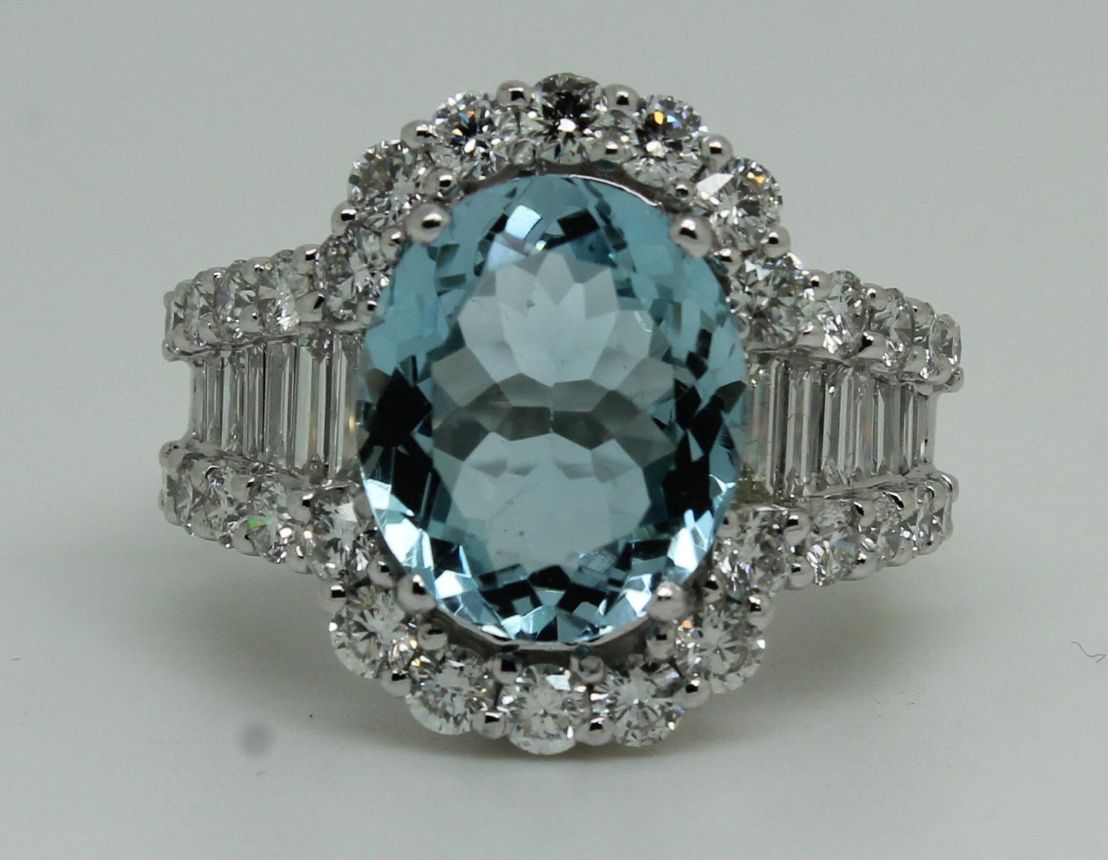 Aquamarine 8.50 Carat Bespoke 18 Karat White Gold 3 Carat Diamond Halo Ring For Sale 3