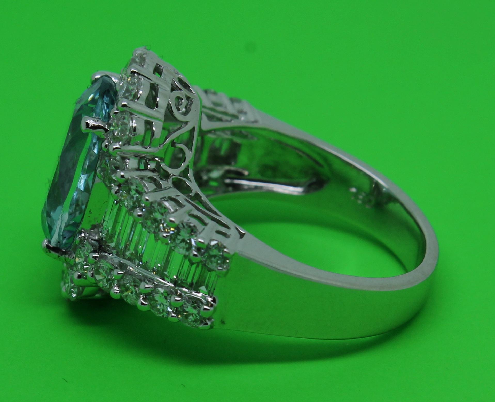 Aquamarine 8.50 Carat Bespoke 18 Karat White Gold 3 Carat Diamond Halo Ring For Sale 4