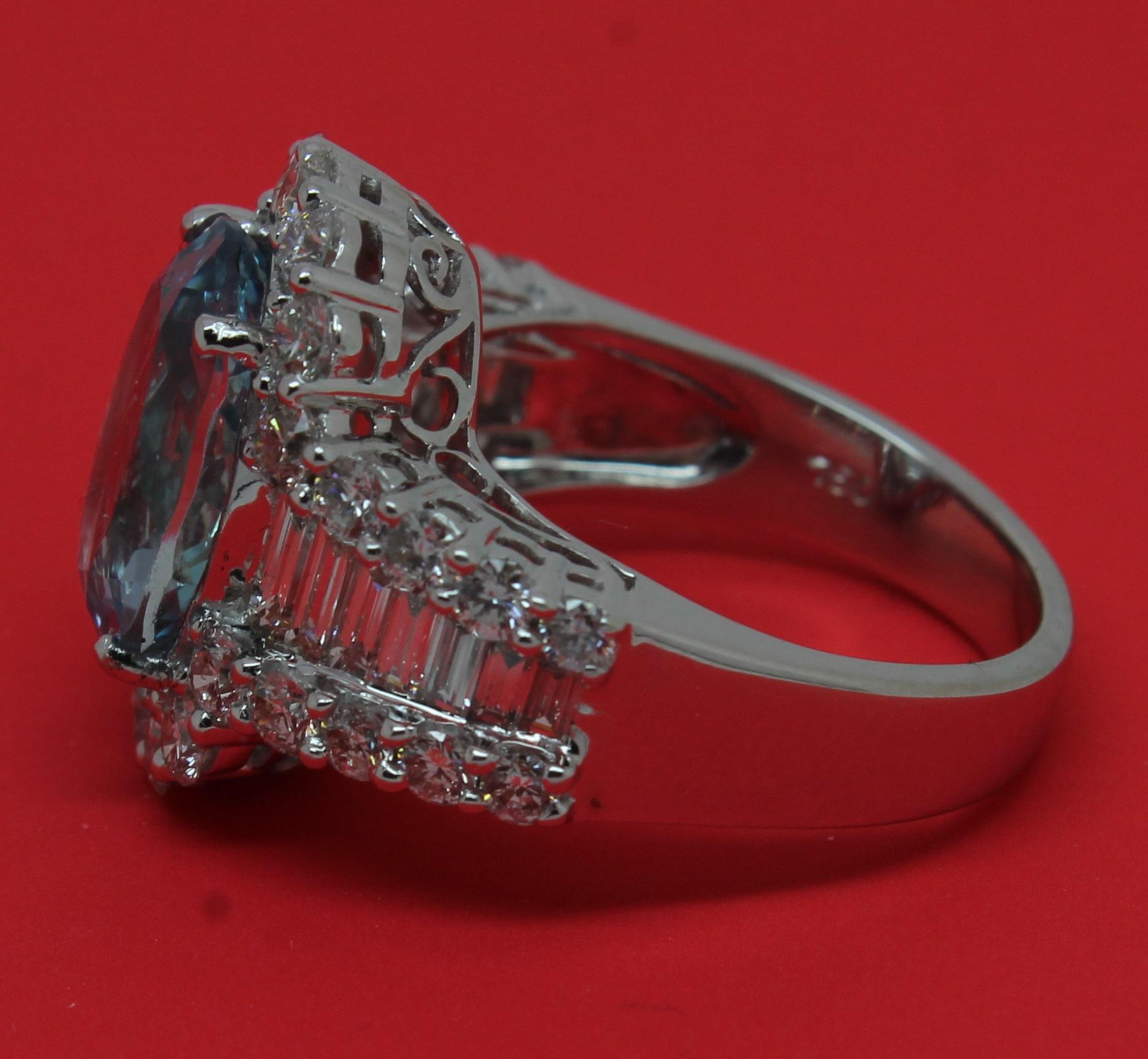 Aquamarine 8.50 Carat Bespoke 18 Karat White Gold 3 Carat Diamond Halo Ring For Sale 7