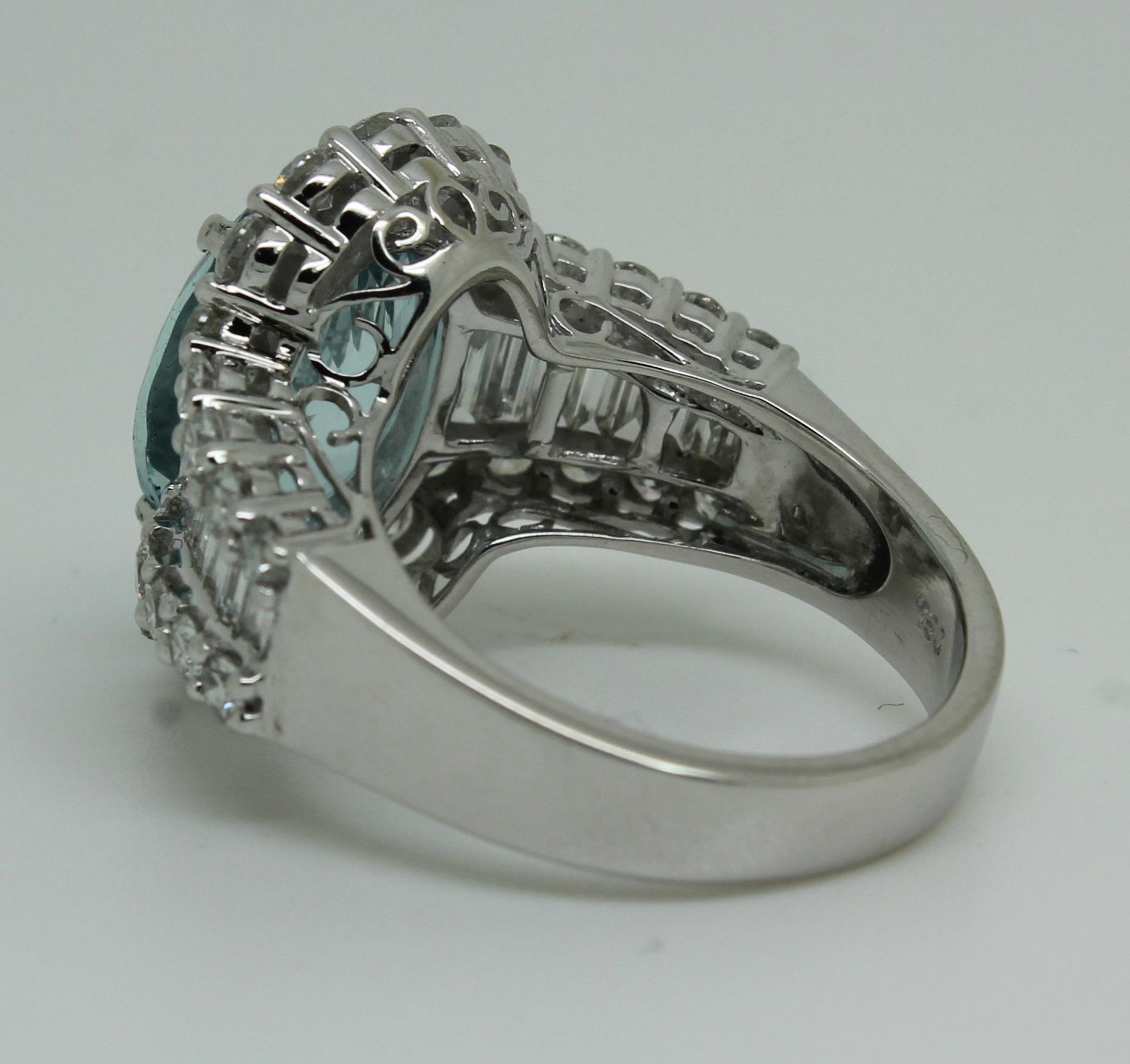Modern Aquamarine 8.50 Carat Bespoke 18 Karat White Gold 3 Carat Diamond Halo Ring For Sale