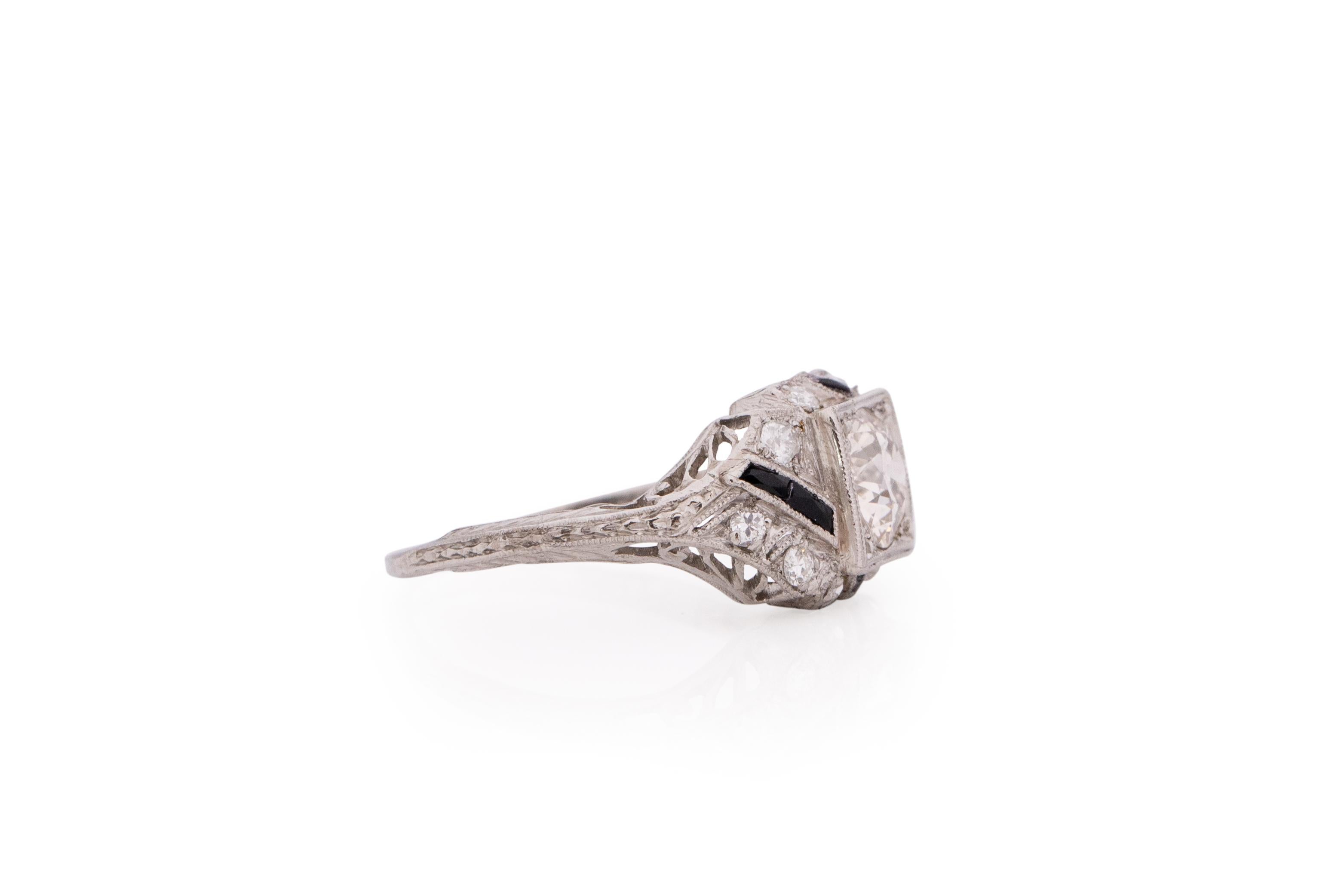 Item Details: 
Ring Size: 5.75
Metal Type: Platinum [Hallmarked, and Tested]
Weight: 3.7 grams

Center Diamond Details:
Weight: .85
Cut: Old European brilliant
Color: J
Clarity: SI2

Side Stone Details:
Weight: .25 carat total weight
Cut: Old