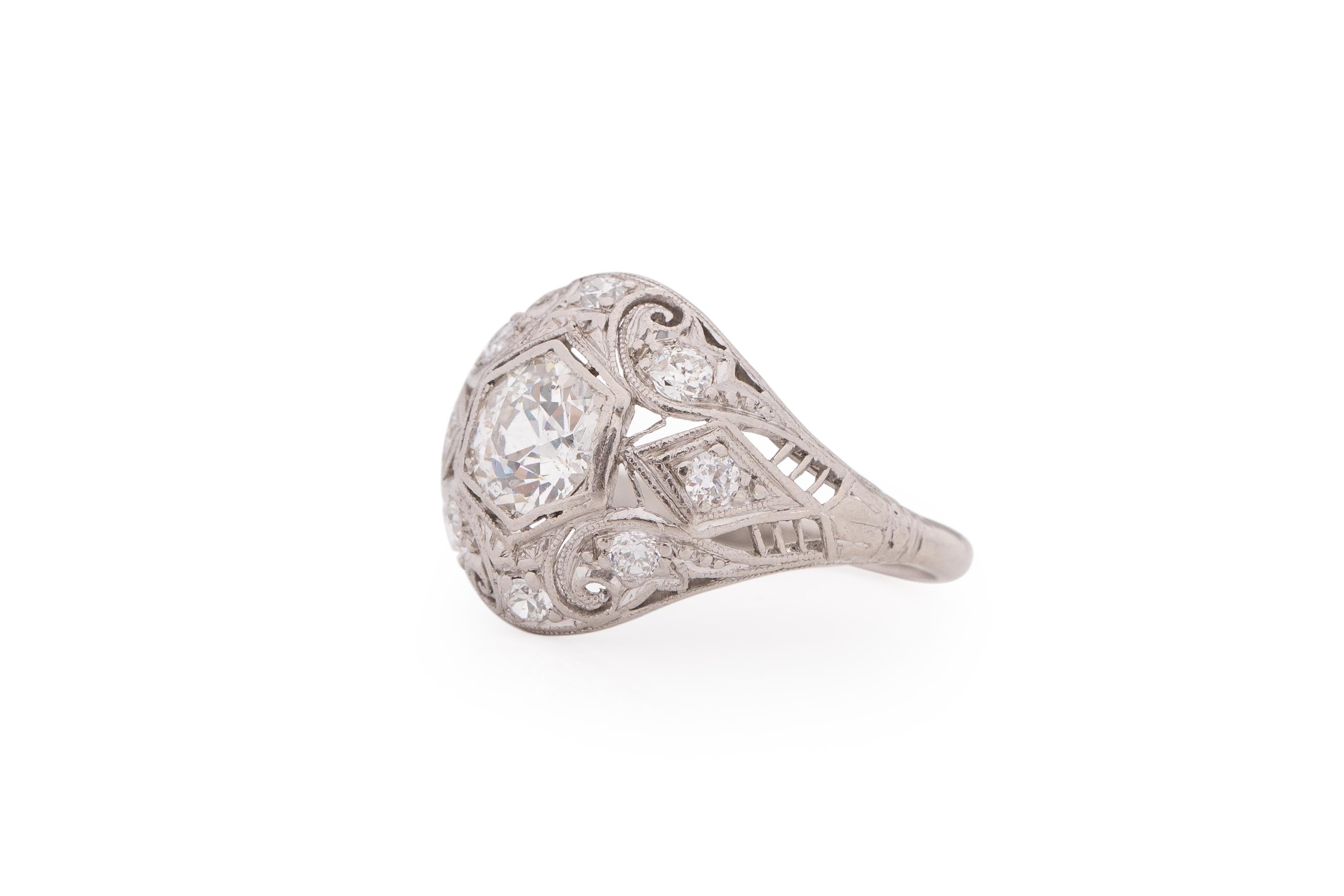 Old European Cut .85 Carat Art Deco Diamond Platinum Engagement Ring For Sale