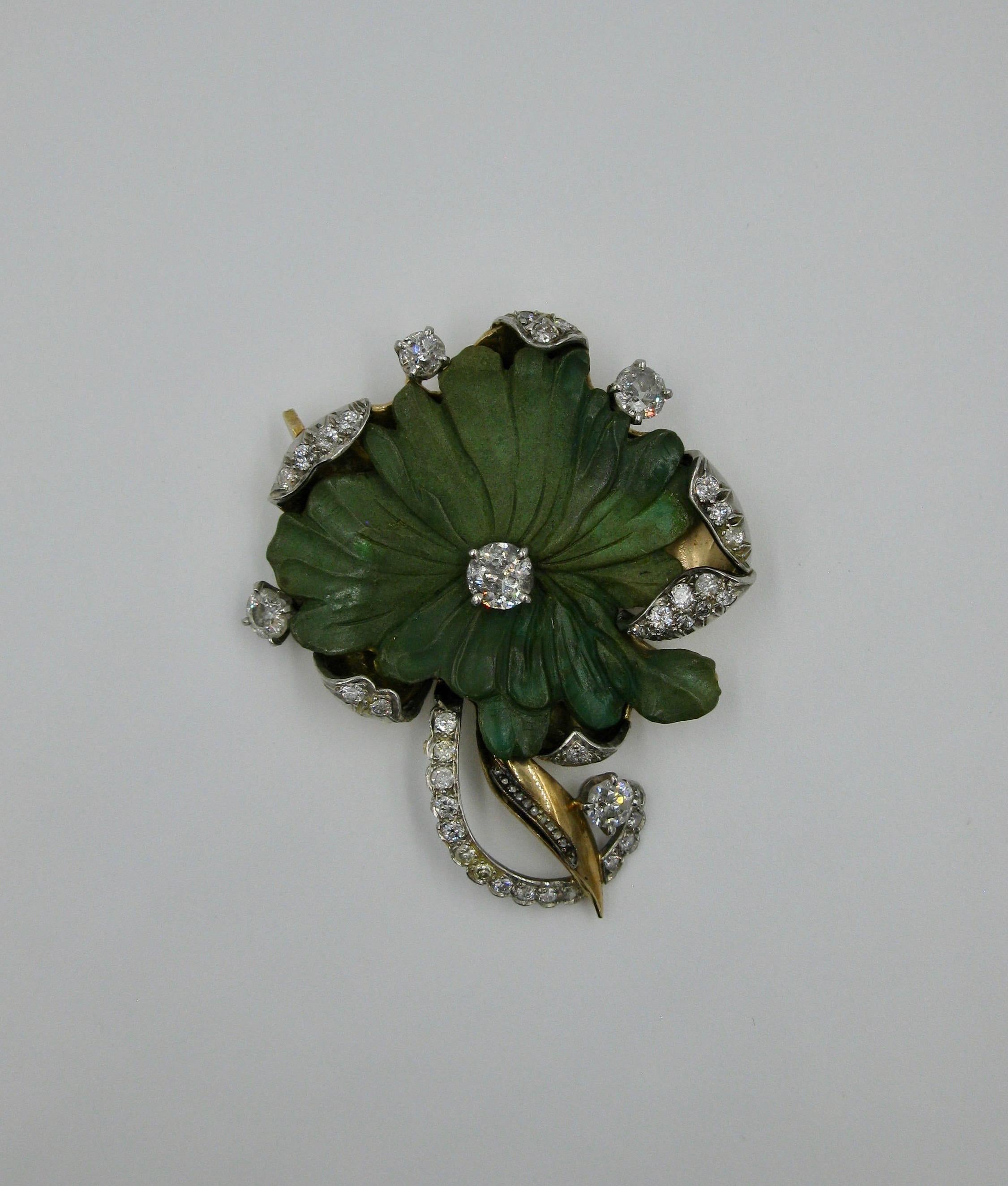 Old European Cut .85 Carat Center Diamond Turquoise Platinum Brooch Flower Belle Époque Victorian For Sale