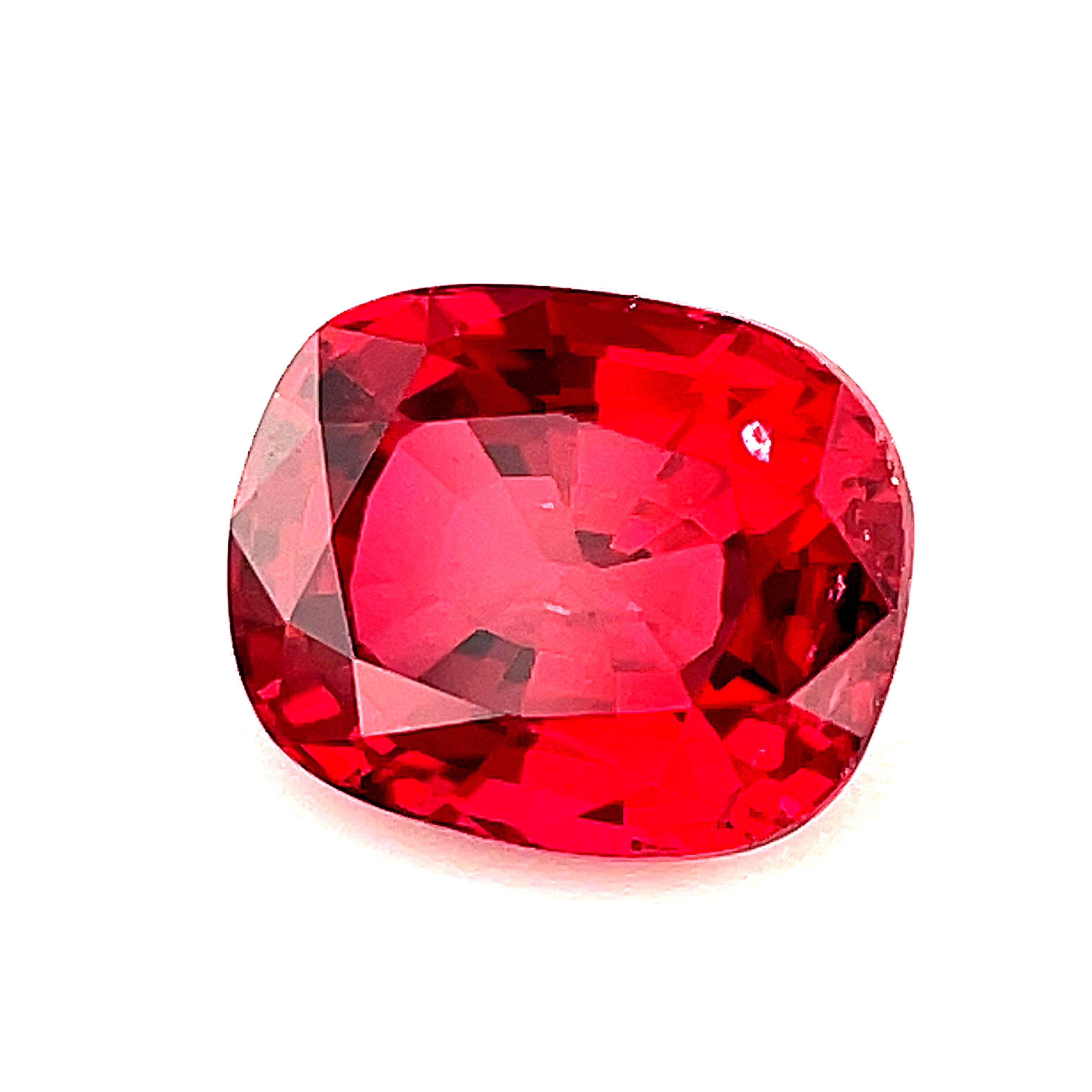 If you are looking for a superb, fine-quality red spinel, look no further than this lovely gem! Petite and absolutely stunning, this cushion-shaped spinel weighs .85 carat and measures 5.92 x.4.80 millimeters. It has gorgeous pure red color,