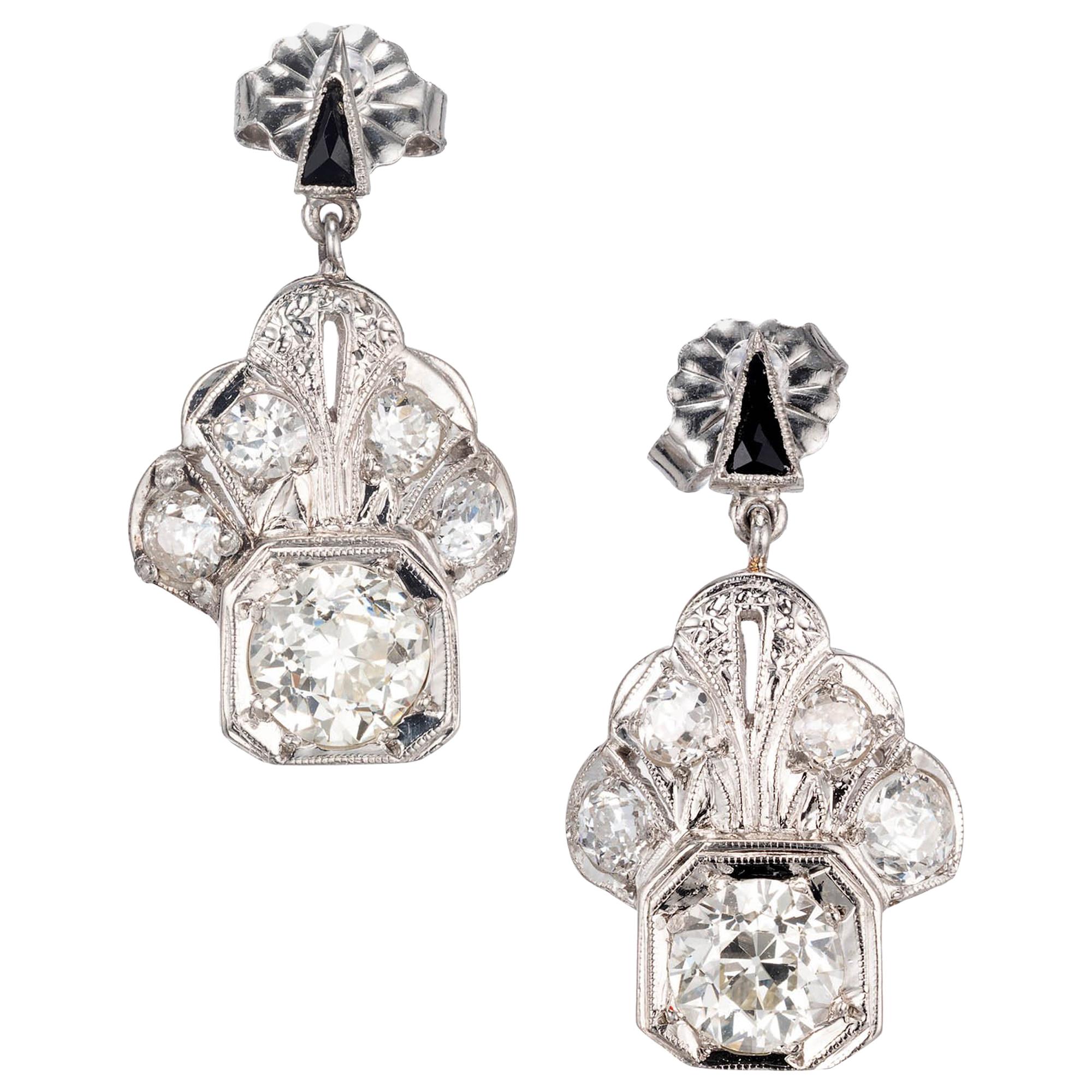 .85 Carat Diamond Onyx Art Deco Platinum Dangle Earrings