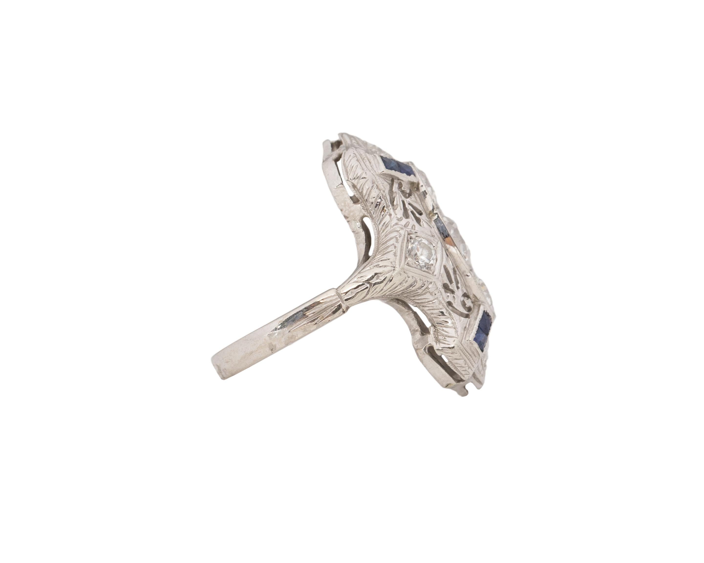 Item Details: 
Ring Size: 6
Metal Type: Platinum  [Hallmarked, and Tested]
Weight:  5.0 grams

Diamond Details:
Weight: .85ct, total weight
Cut: Old European brilliant
Color: G-H
Clarity: VS/SI

Finger to Top of Stone Measurement: 5mm
Band/Shank