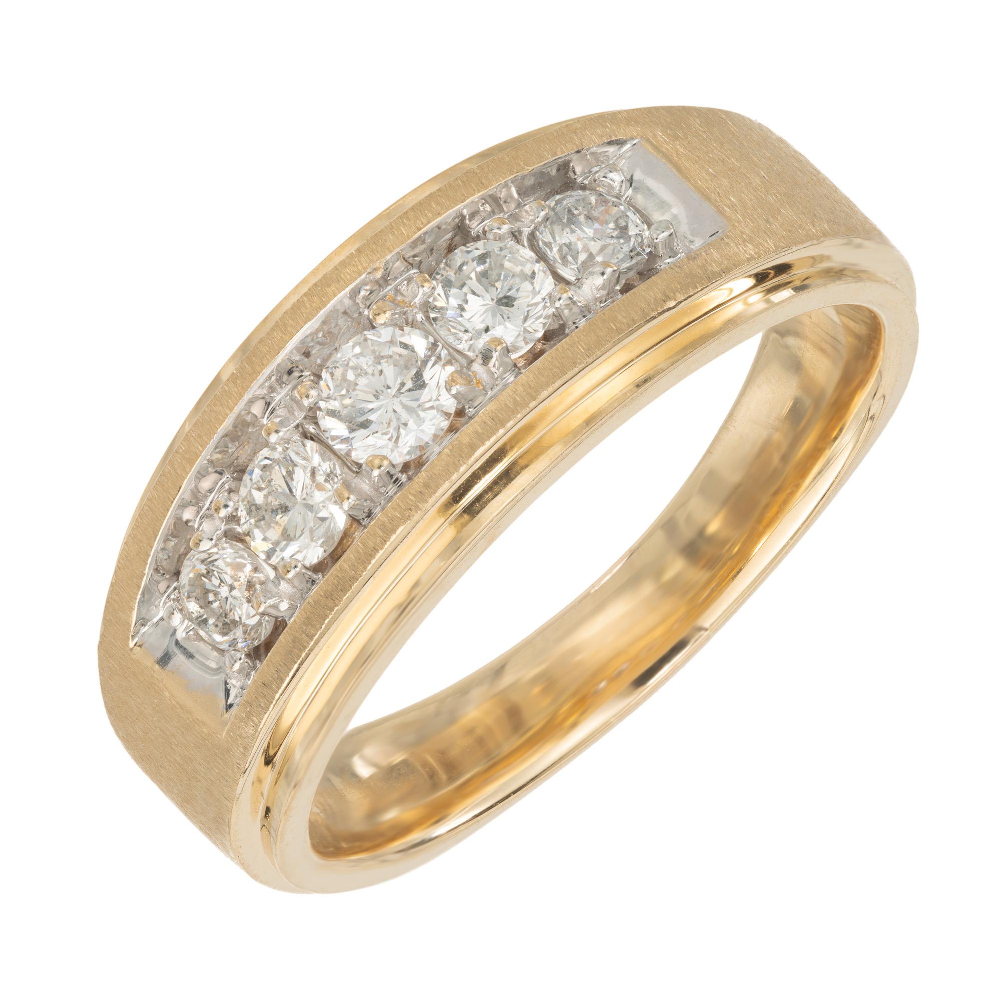 .85 carat diamond two-tone gold men's textured band ring. Set with 5 round brilliant cut diamonds that are set in 14k white gold with the rest of the mounting being crafted in 14k yellow gold ads a touch of elegance and opulence to this exceptional