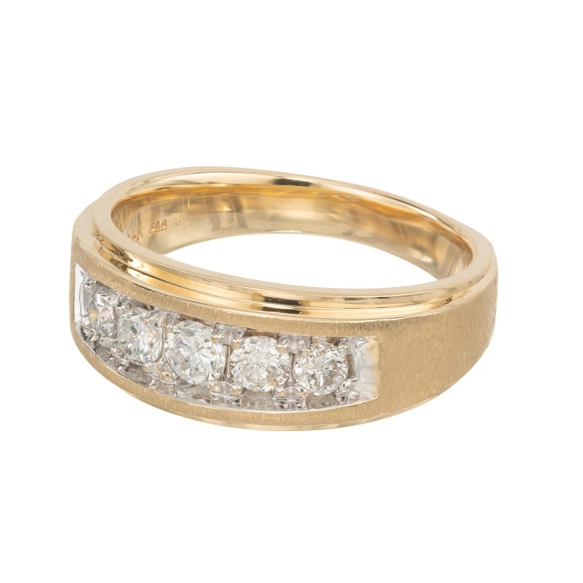 Round Cut .85 Carat Diamond Two Tone Gold Men's Textured Band Ring For Sale