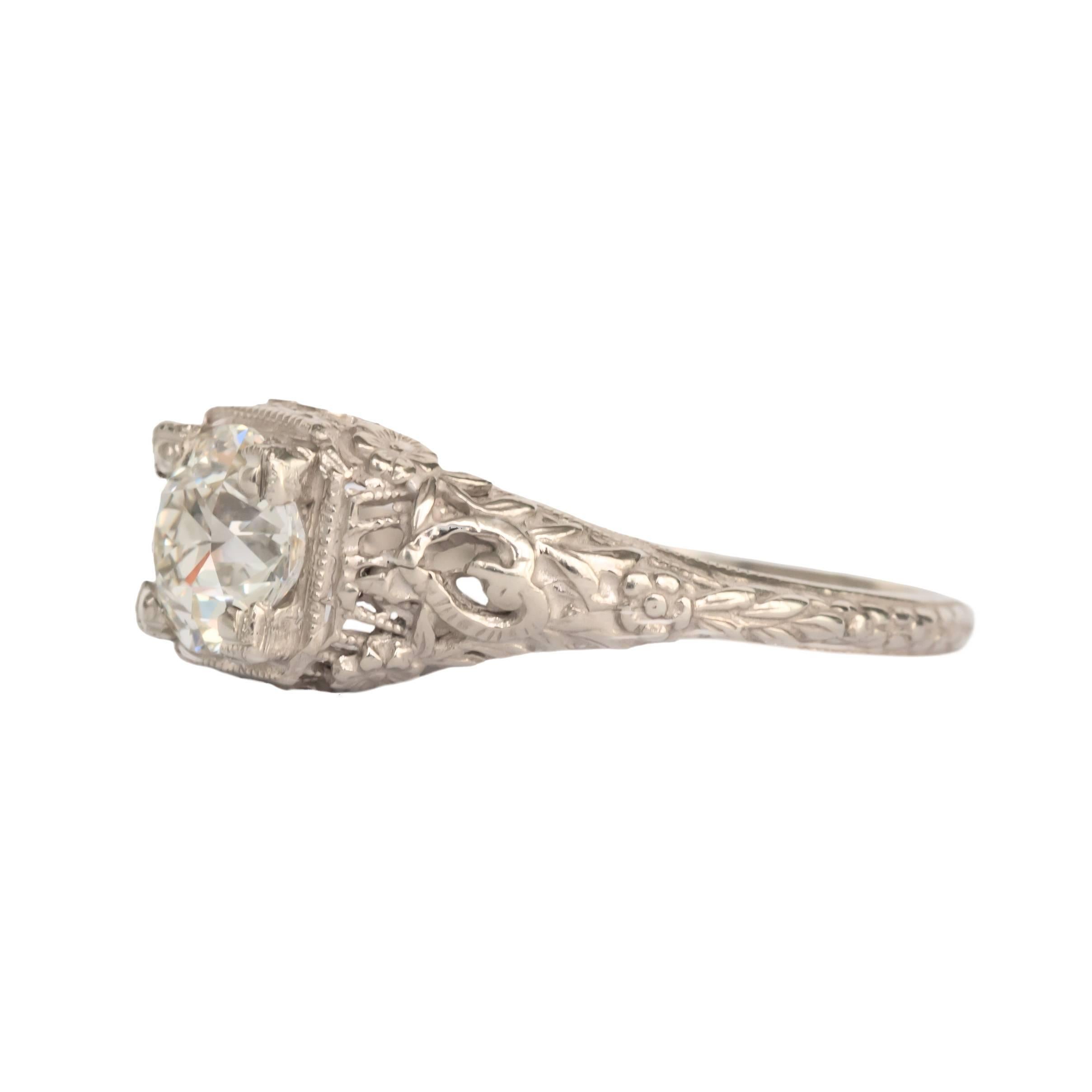 Item Details: 
Ring Size: 6.5
Metal Type: 14 Karat White Gold 
Weight: 2.0 grams

Center Diamond Details
Shape: Old European Brilliant 
Carat Weight: .85 carat
Color: J
Clarity: VS1

Finger to Top of Stone Measurement: 6.64mm