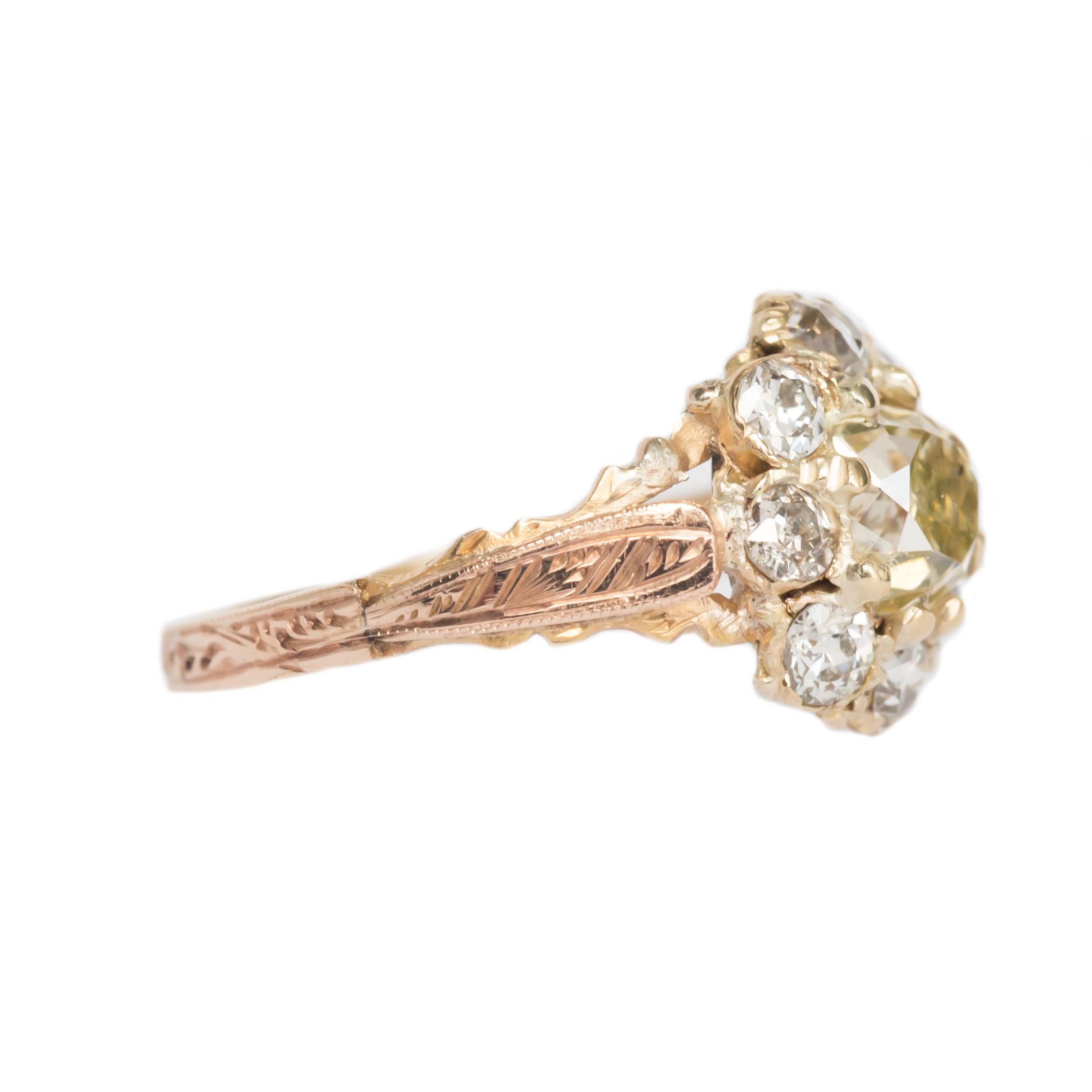 Ring Size: 7
Metal Type: 9 karat Yellow Gold (English Hallmarks)
Weight: 1.6 grams

Center Diamond Details
Shape: Antique Cushion 
Carat Weight: .85 carat
Color: Fancy Yellow 
Clarity: SI1

Side Stone Details: 
Shape: Old European Brilliant 
Total