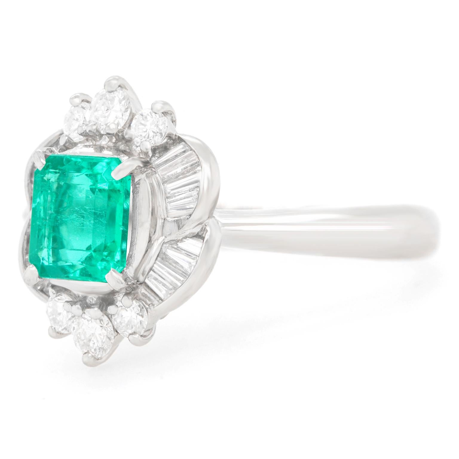 Emerald Cut .85 Carat Emerald and Diamond Ring Platinum