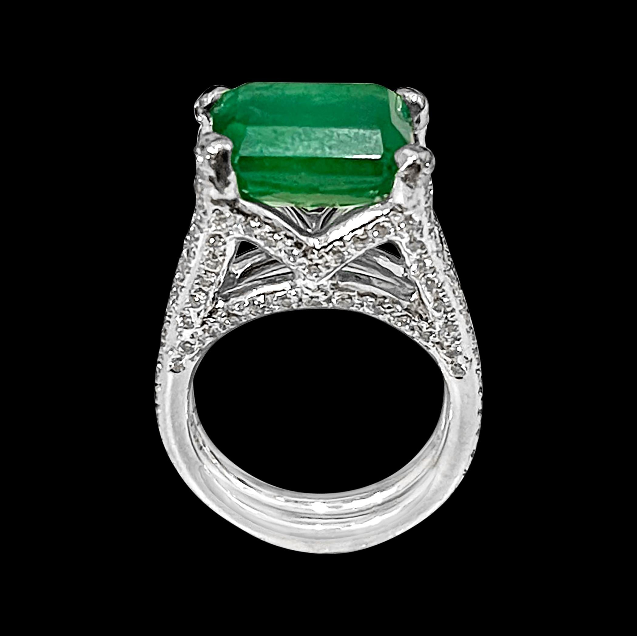 A classic, Cocktail ring 
Approximately 8.5 Carat  Emerald cut Emerald and 4 ct of Round brilliant cut diamond Ring, Estate.
Platinum 23.8 gm with stone
 Diamonds: approximate 4.5 Carat 
Emerald: 8.5 ct, Origin Zambia
Color: Deep  Green, Transparent
