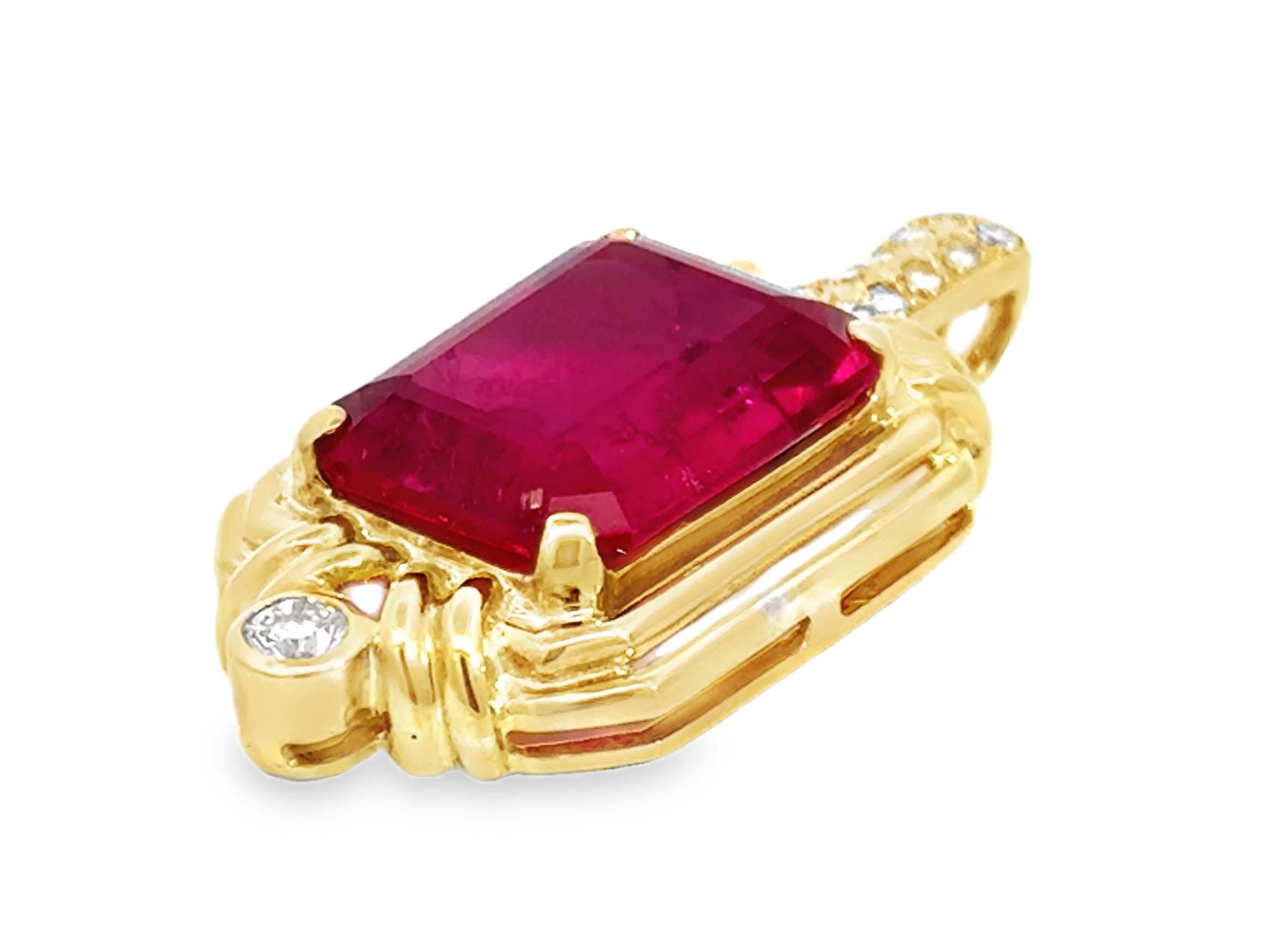 8.5 Carat Emerald Cut Pink Tourmaline and Diamond Pendant 18k Yellow Gold In Excellent Condition For Sale In Honolulu, HI