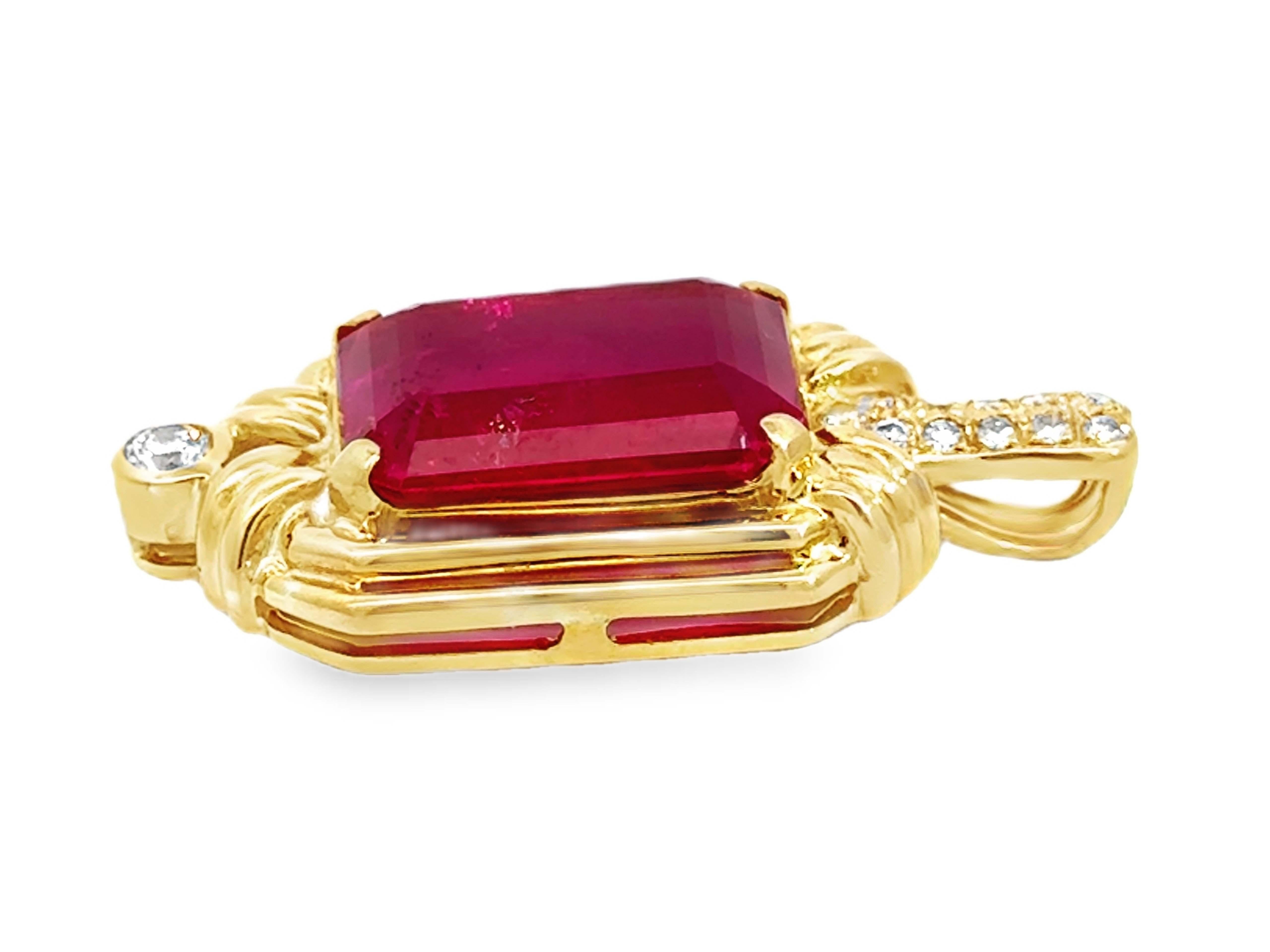 Women's 8.5 Carat Emerald Cut Pink Tourmaline and Diamond Pendant 18k Yellow Gold For Sale
