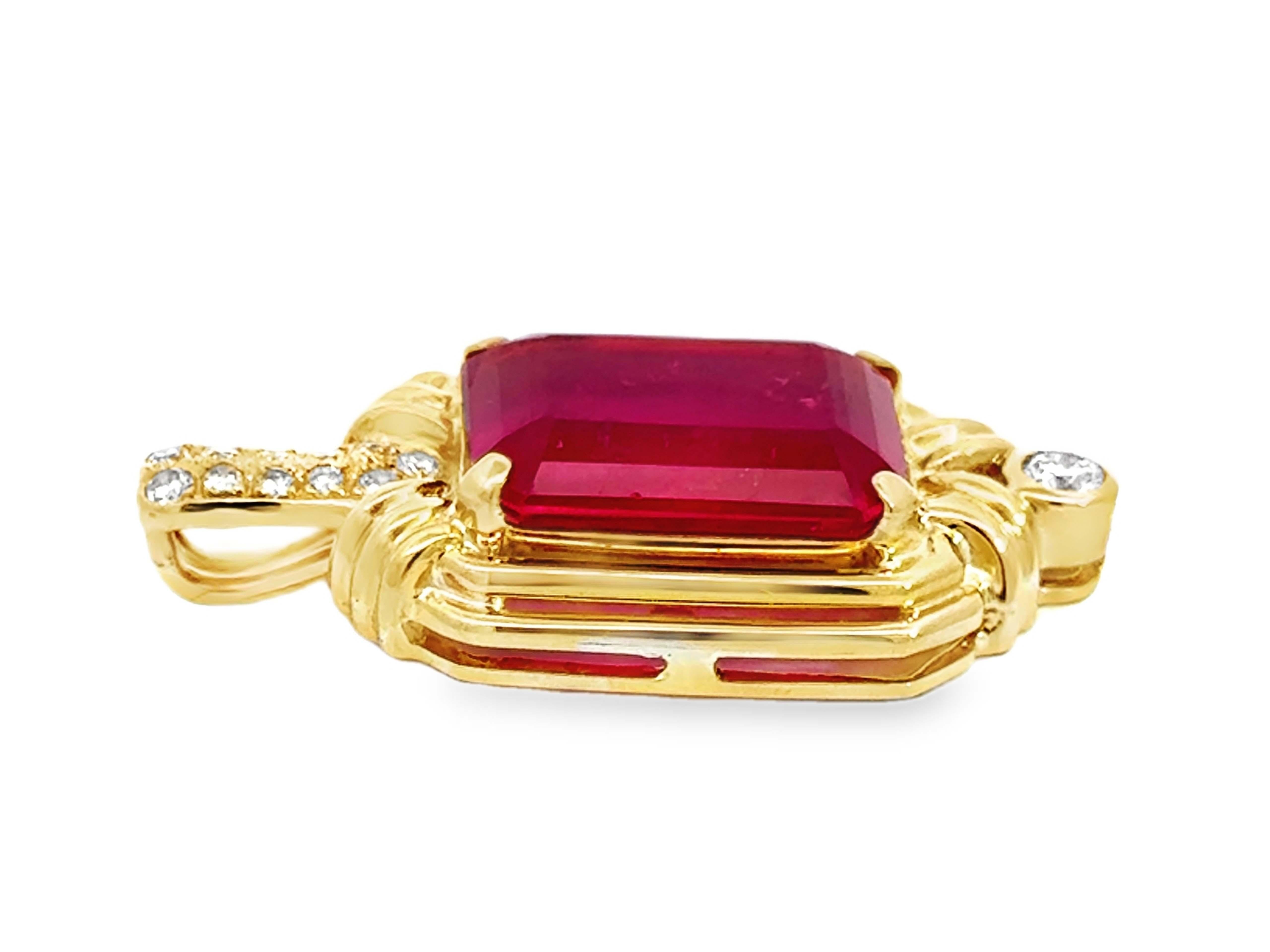 8.5 Carat Emerald Cut Pink Tourmaline and Diamond Pendant 18k Yellow Gold For Sale 1