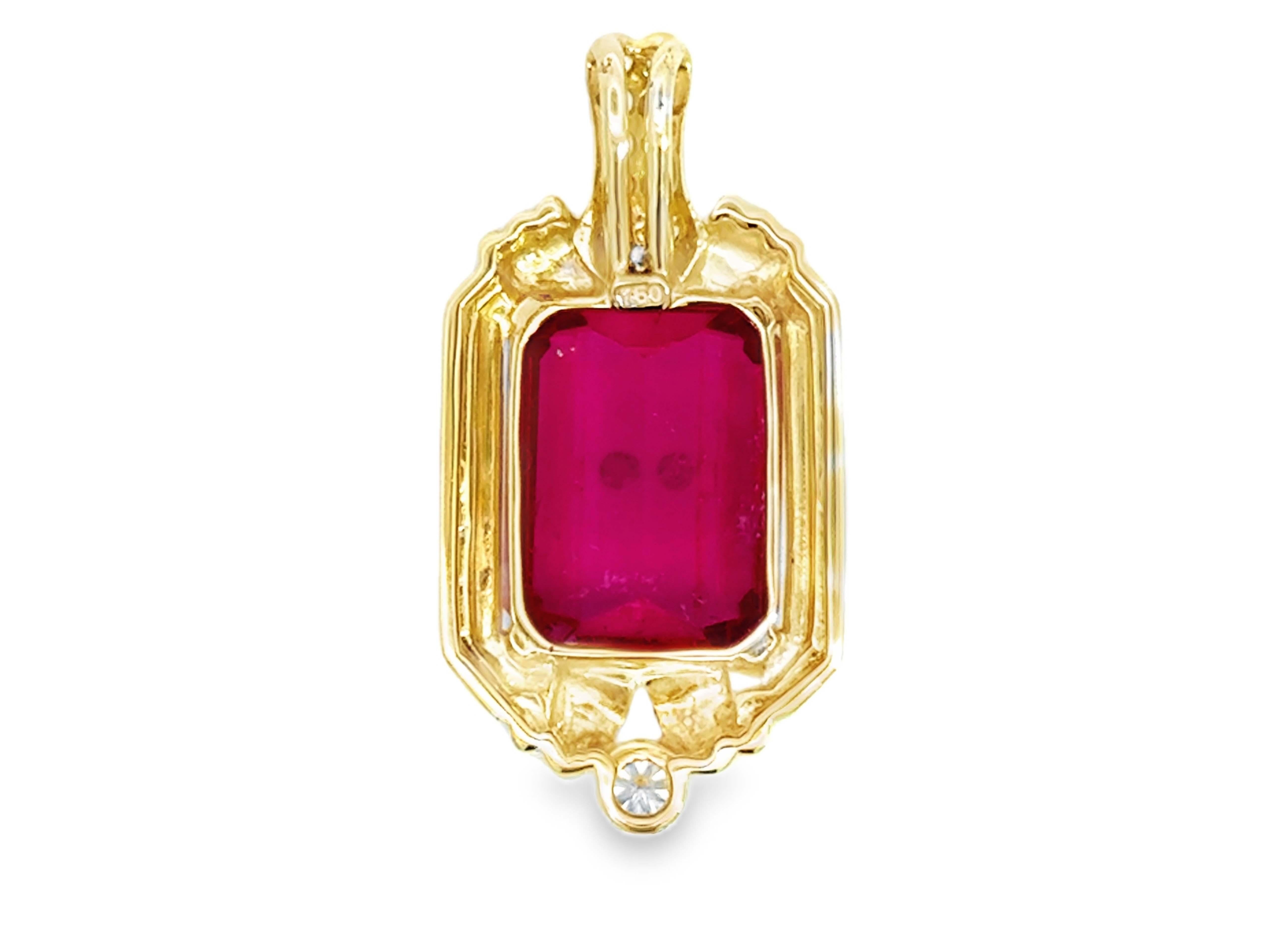 8.5 Carat Emerald Cut Pink Tourmaline and Diamond Pendant 18k Yellow Gold For Sale 2