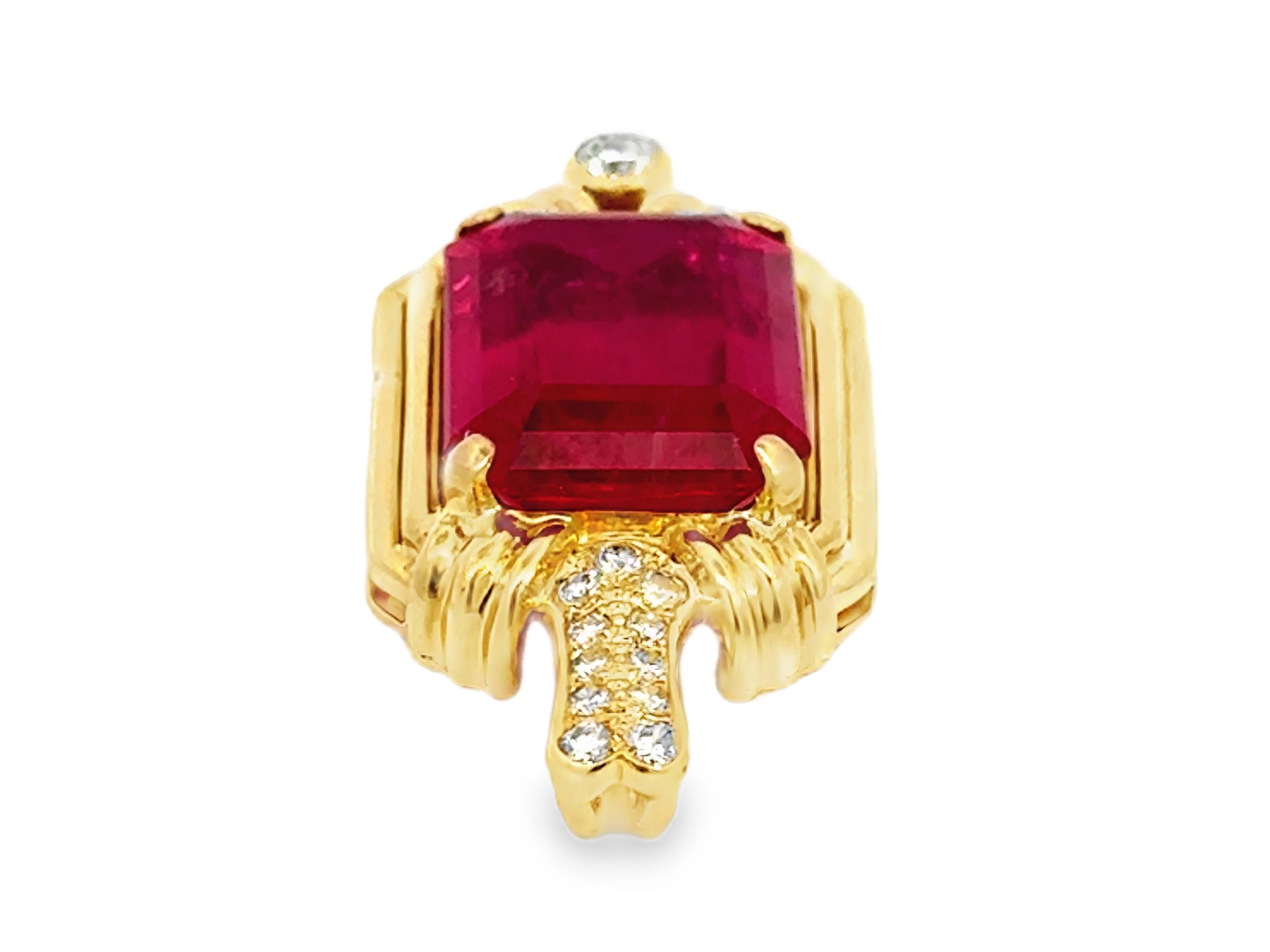 8.5 Carat Emerald Cut Pink Tourmaline and Diamond Pendant 18k Yellow Gold For Sale 3