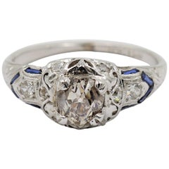 .85 Carat J/I3 Old Mine Cut Diamond Ring with Diamonds and Sapphires in Platinum