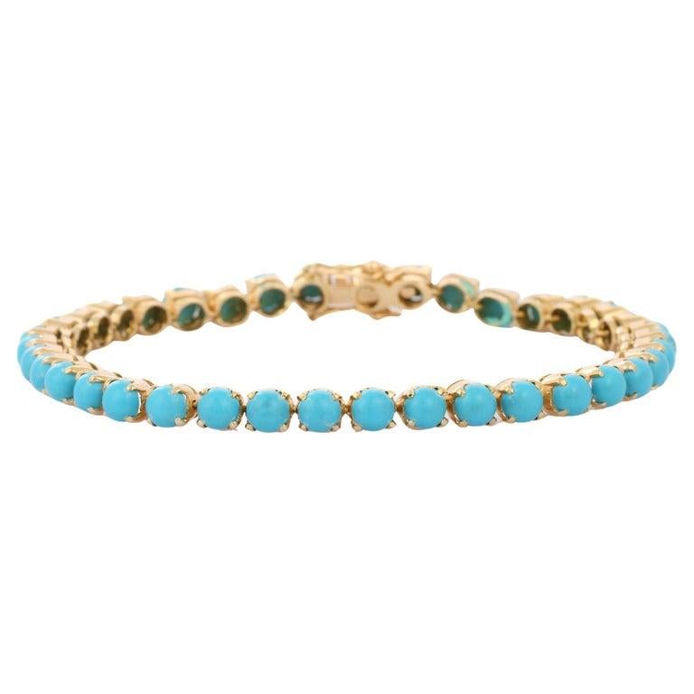 Taglio rotondo Bracciale Tennis ovale di turchese naturale da 8,5 carati in oro 18 carati per donna in vendita