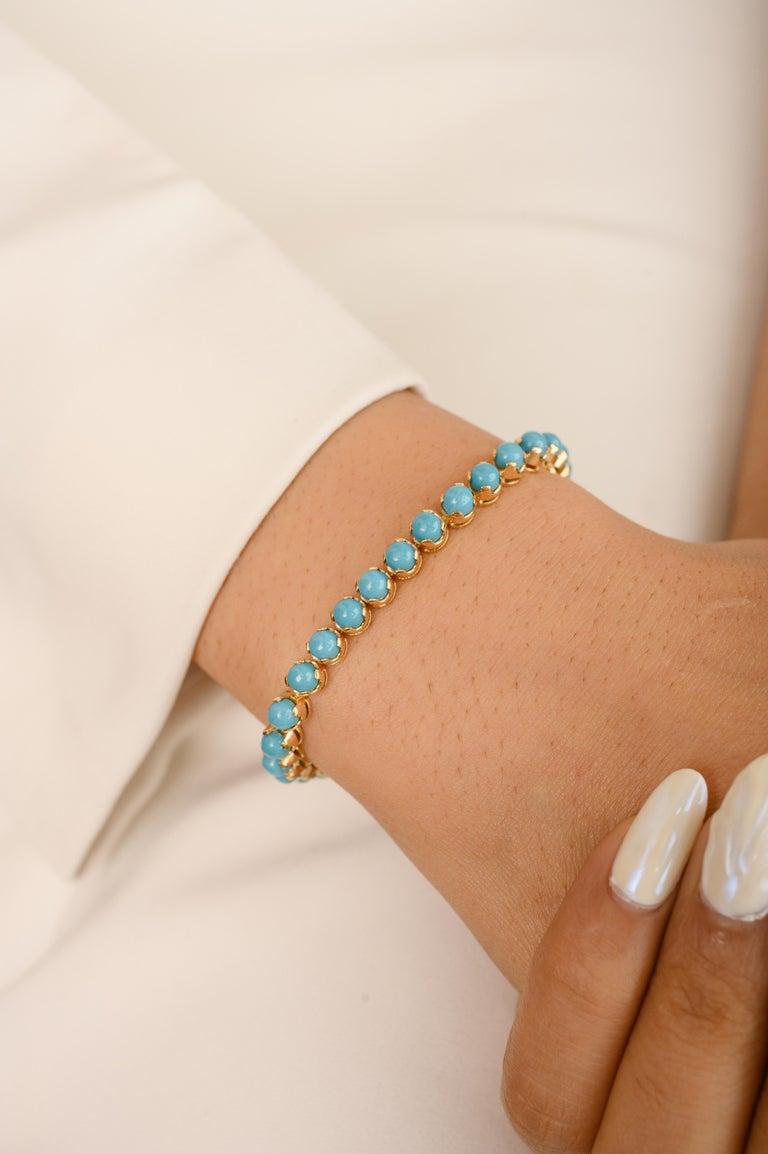 Bracciale Tennis ovale di turchese naturale da 8,5 carati in oro 18 carati per donna in vendita 2