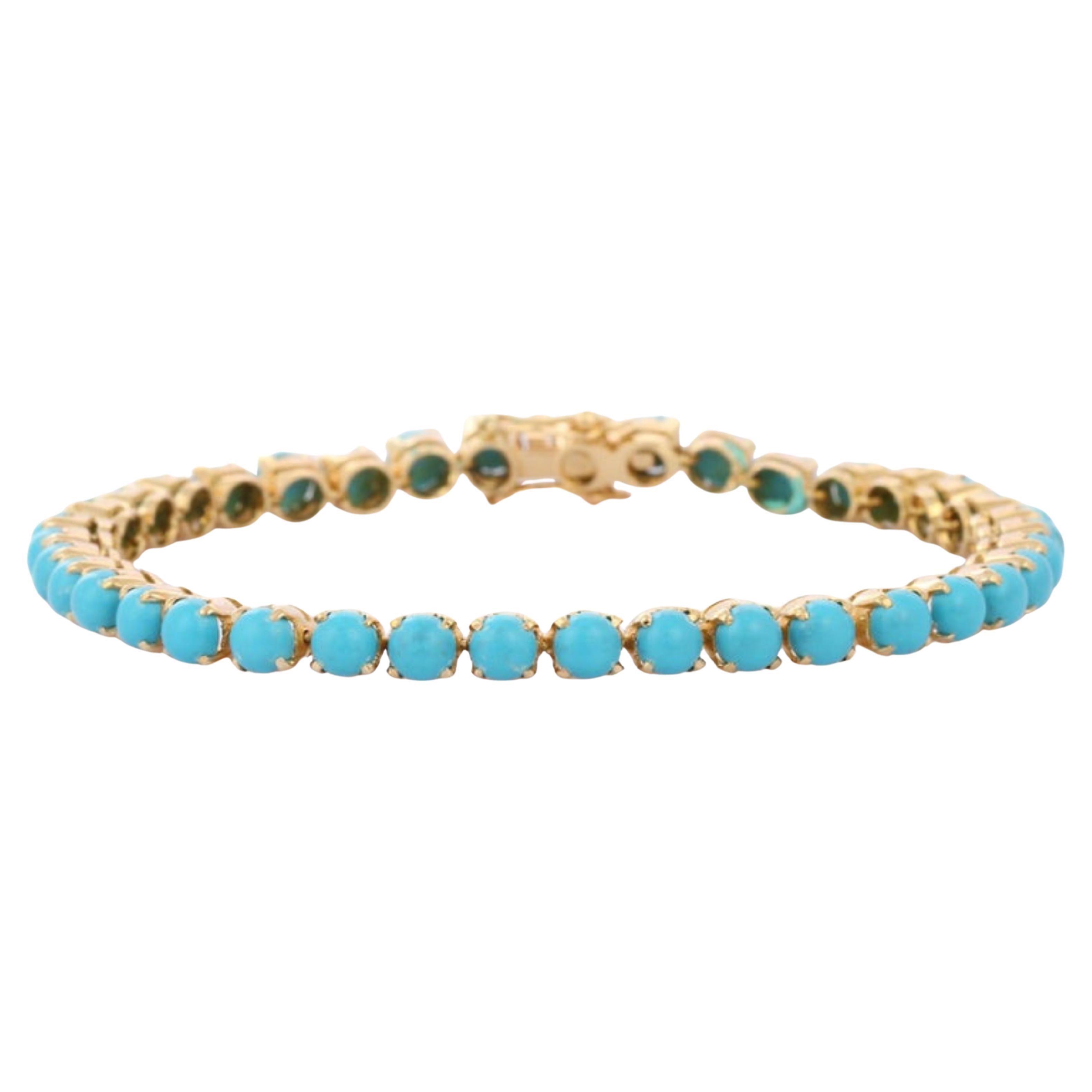 Bracelet de tennis en or 18 carats pour femmes avec turquoise ovale de 8,5 carats
