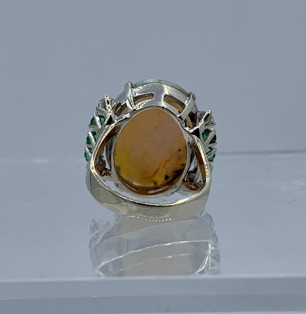 8.5 Carat Opal Emerald Diamond Ring 14 Karat Gold Cocktail Retro Antique Ring For Sale 8