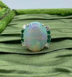 8.5 Carat Opal Emerald Diamond Ring 14 Karat Gold Cocktail Retro Antique Ring