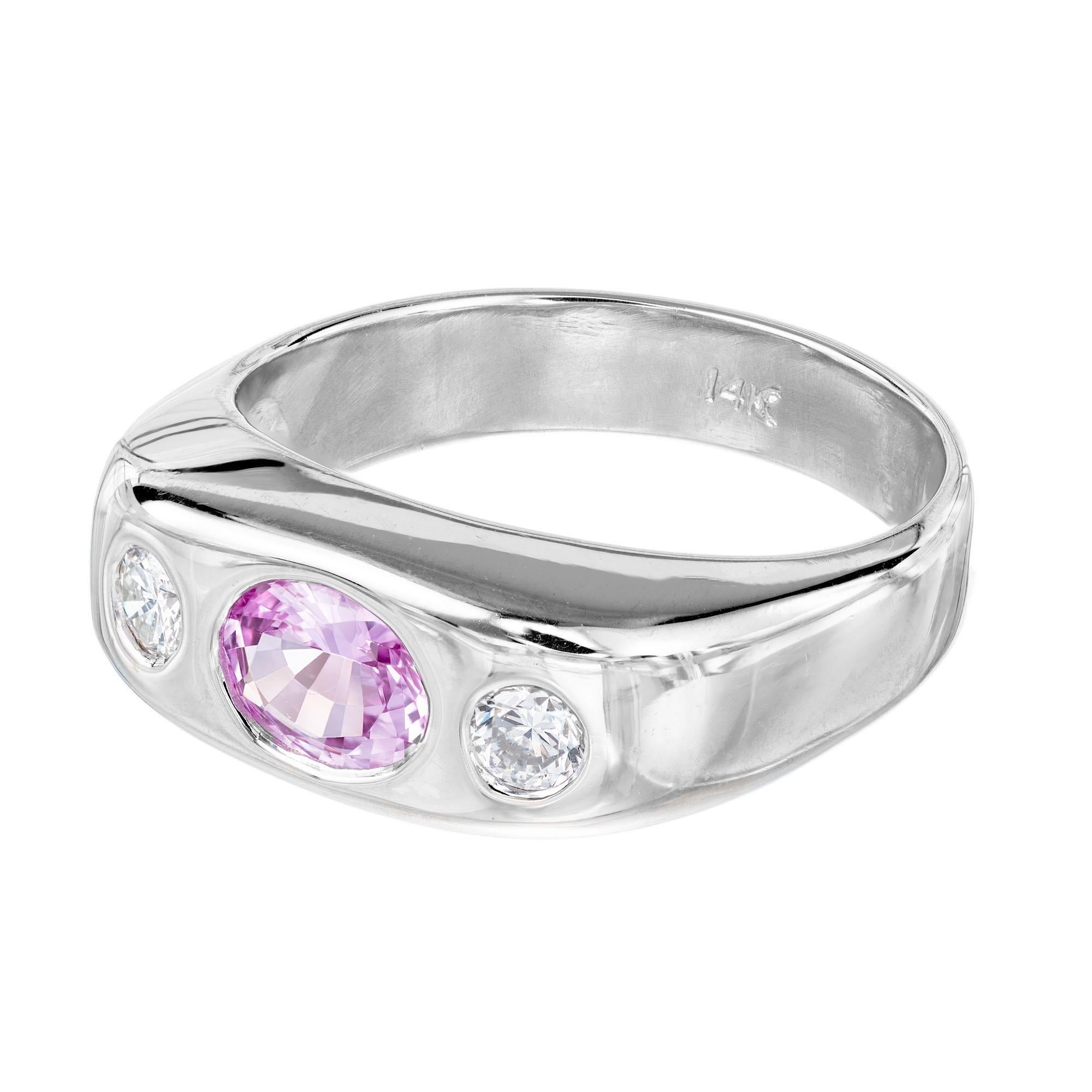 Women's .85 Carat Pink Sapphire Diamond Gold Three-Stone Gypsy Ring For Sale