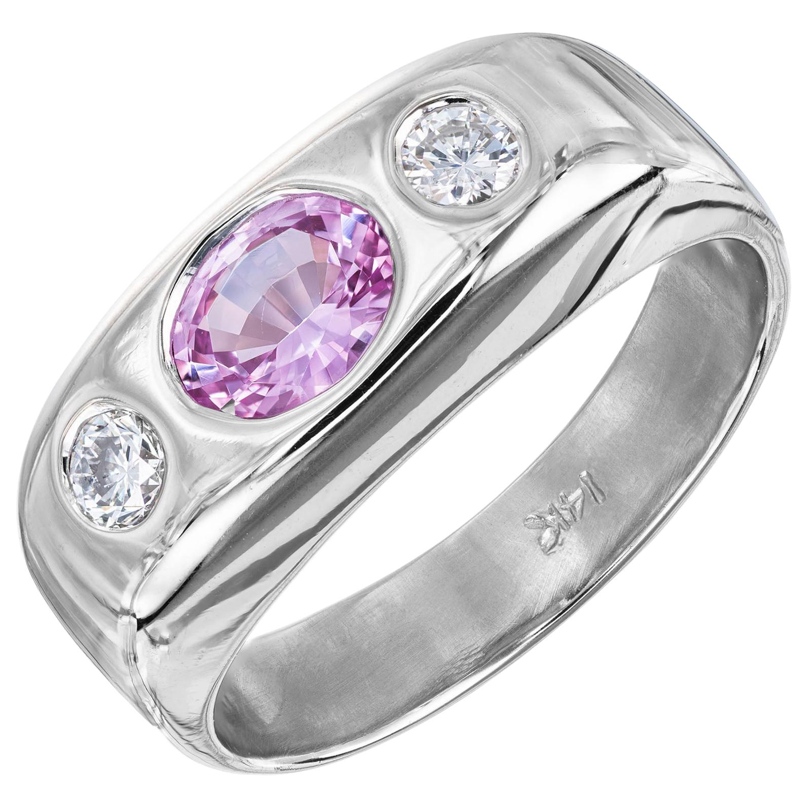 .85 Carat Pink Sapphire Diamond Gold Three-Stone Gypsy Ring