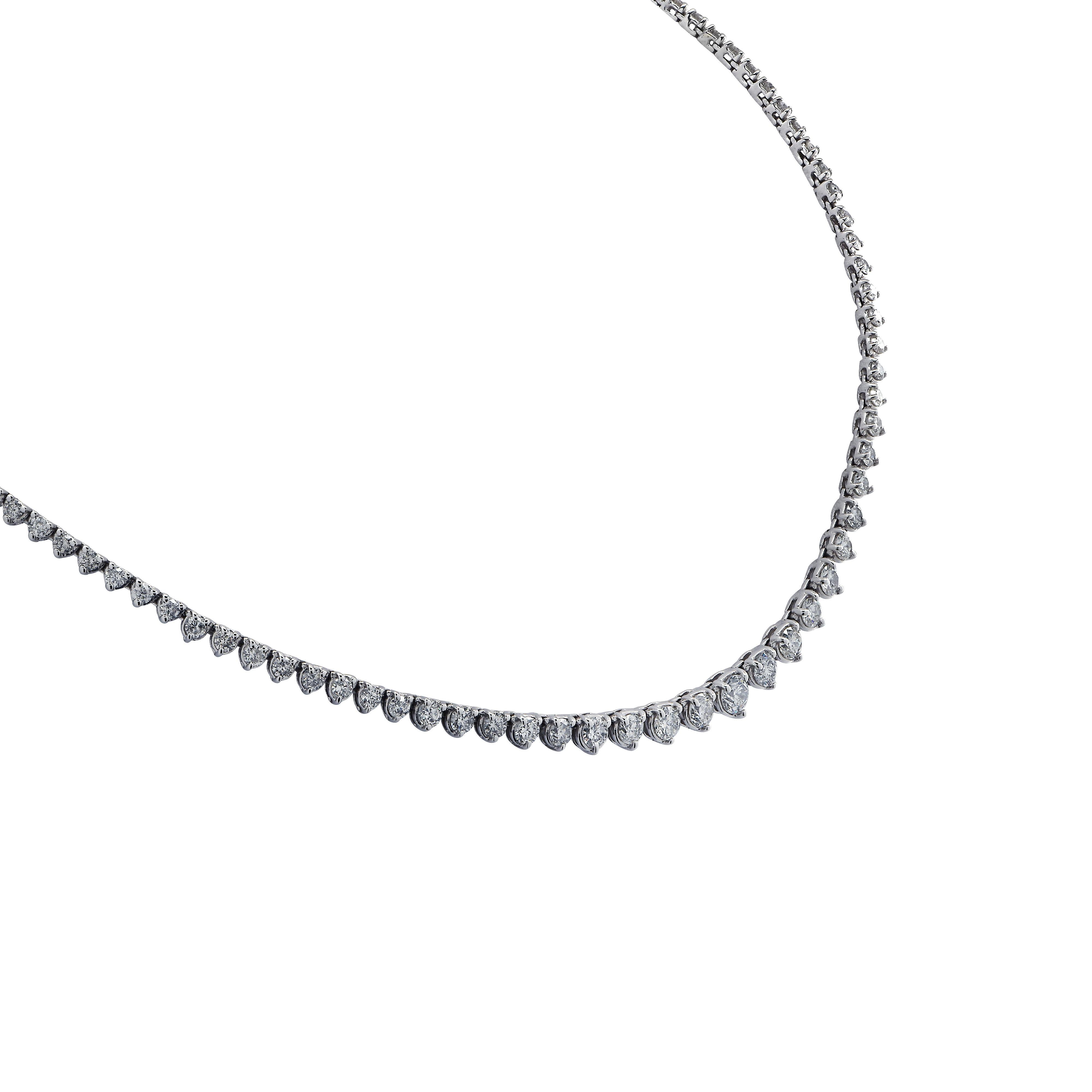 Exquisite graduated riviere diamond necklace crafted in white gold, showcasing 114 round brilliant cut diamonds weighing approximately 8.50 carats total, G color, SI2-3 clarity. The diamonds are set in a seamless sea of eternity, creating a