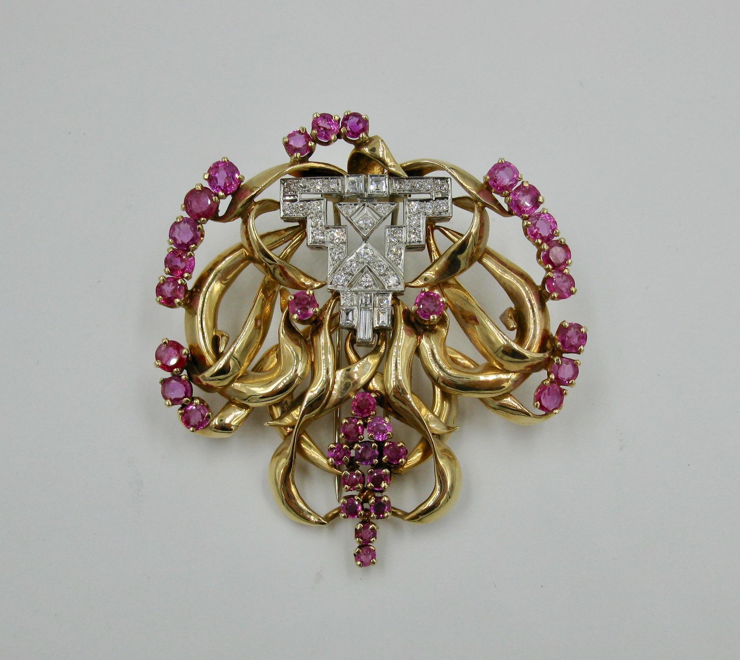 Women's 8.5 Carat Ruby 1.45 Carat Diamond Antique Platinum Rose Gold Clip Brooch