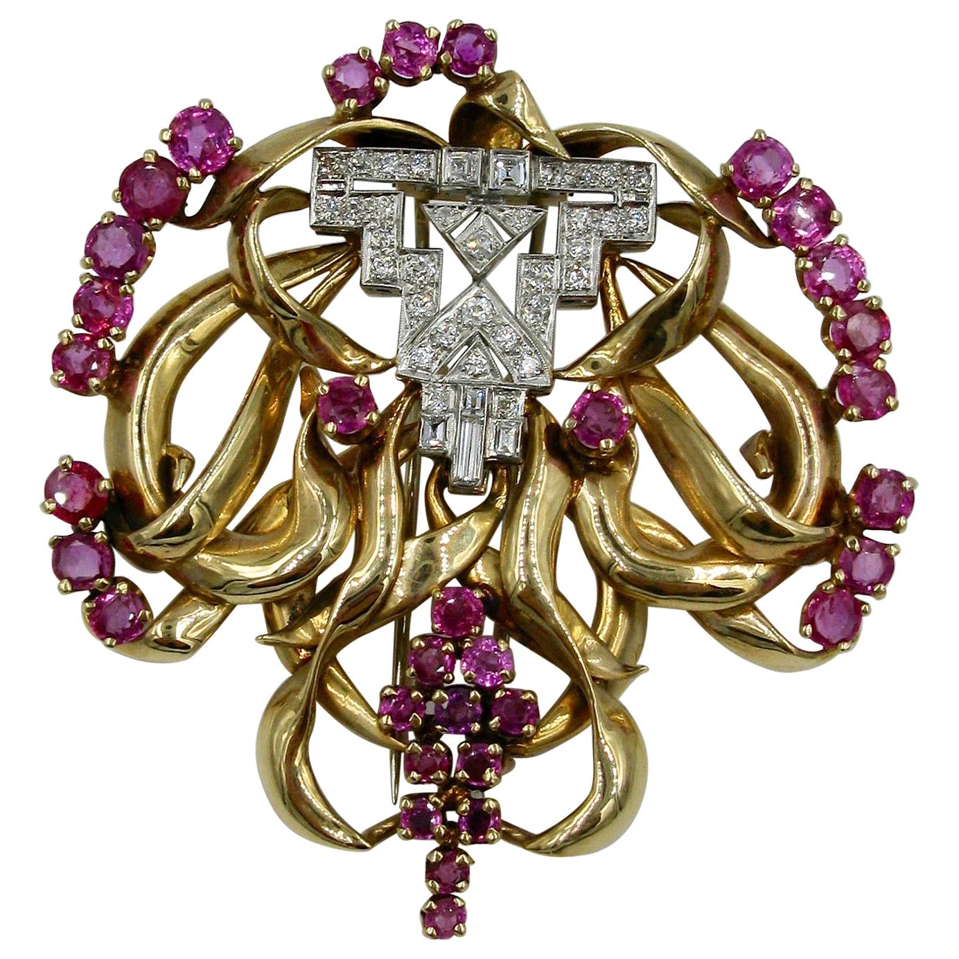 8.5 Carat Ruby 1.45 Carat Diamond Antique Platinum Rose Gold Clip Brooch