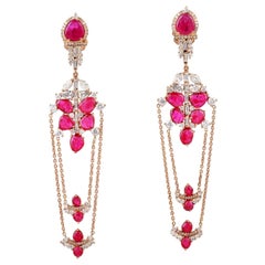 Boucles d'oreilles en goutte à chaîne en or 14 carats avec diamants et rubis de 8,5 carats