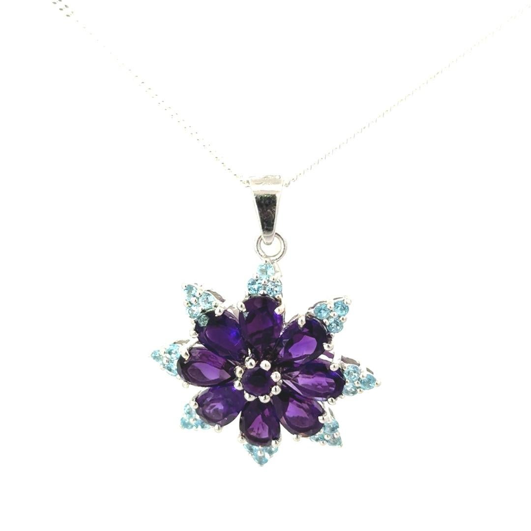 Art Deco 8.5 Carat Starburst Amethyst Blue Topaz Silver Pendant Necklace for Girlfriend