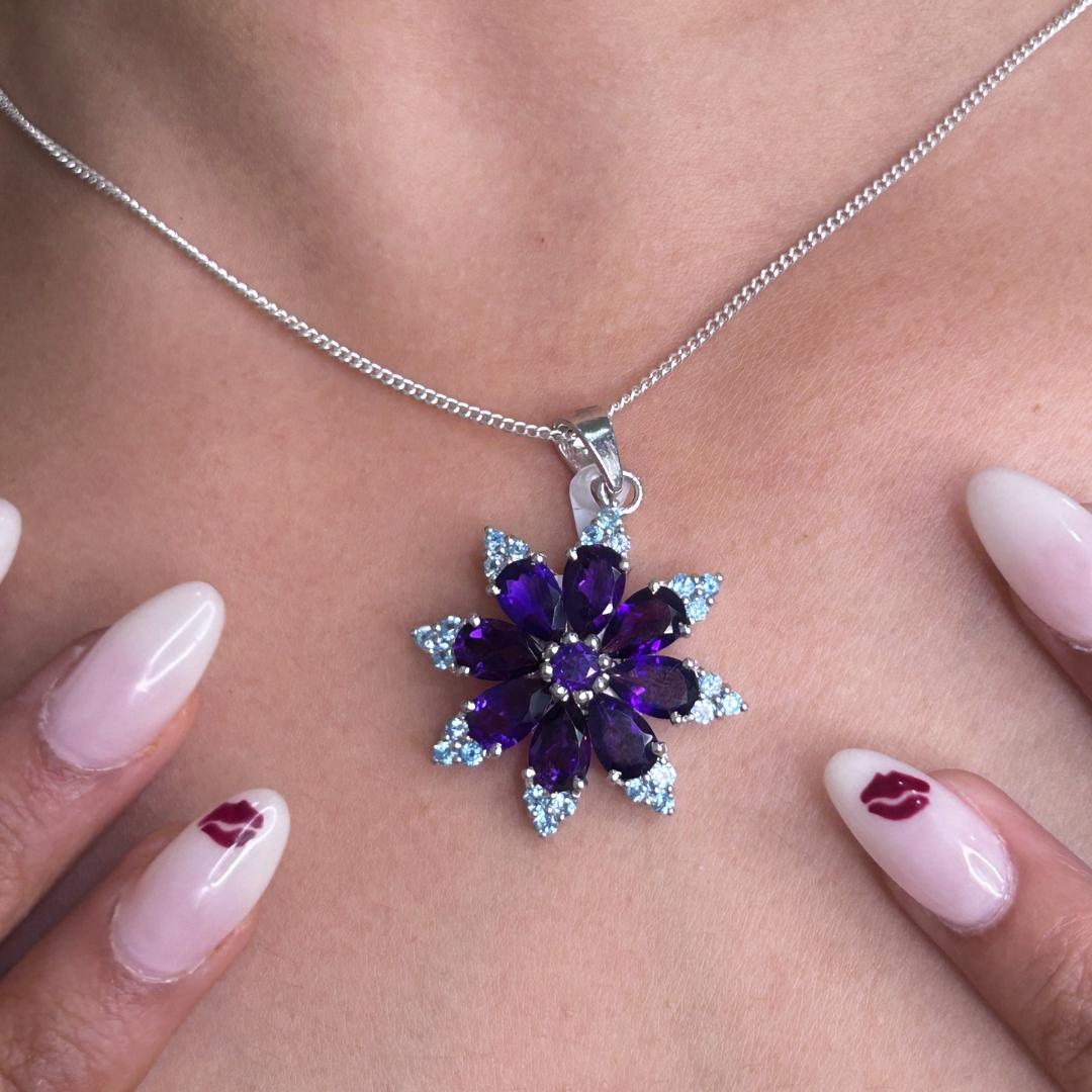 Mixed Cut 8.5 Carat Starburst Amethyst Blue Topaz Silver Pendant Necklace for Girlfriend