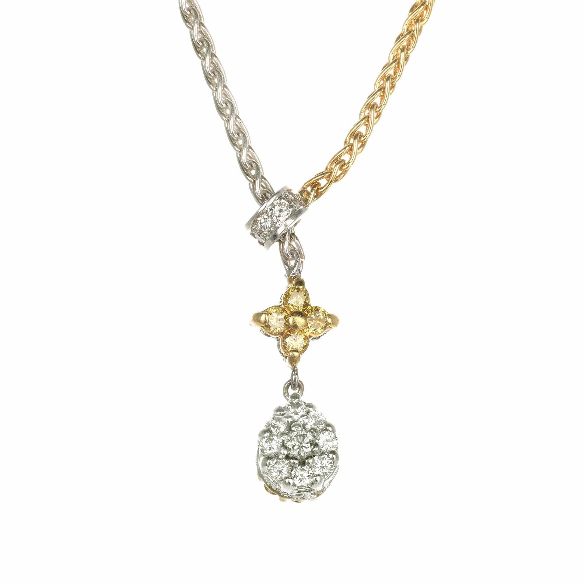 .85 Carat Yellow White Diamond Two-Tone Gold Drop Necklace For Sale