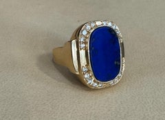 8.5 Ct Emerald cut Natural Lapis Lazuli + Diamond Ring 14 Kt Yellow Gold, 5.5 S
