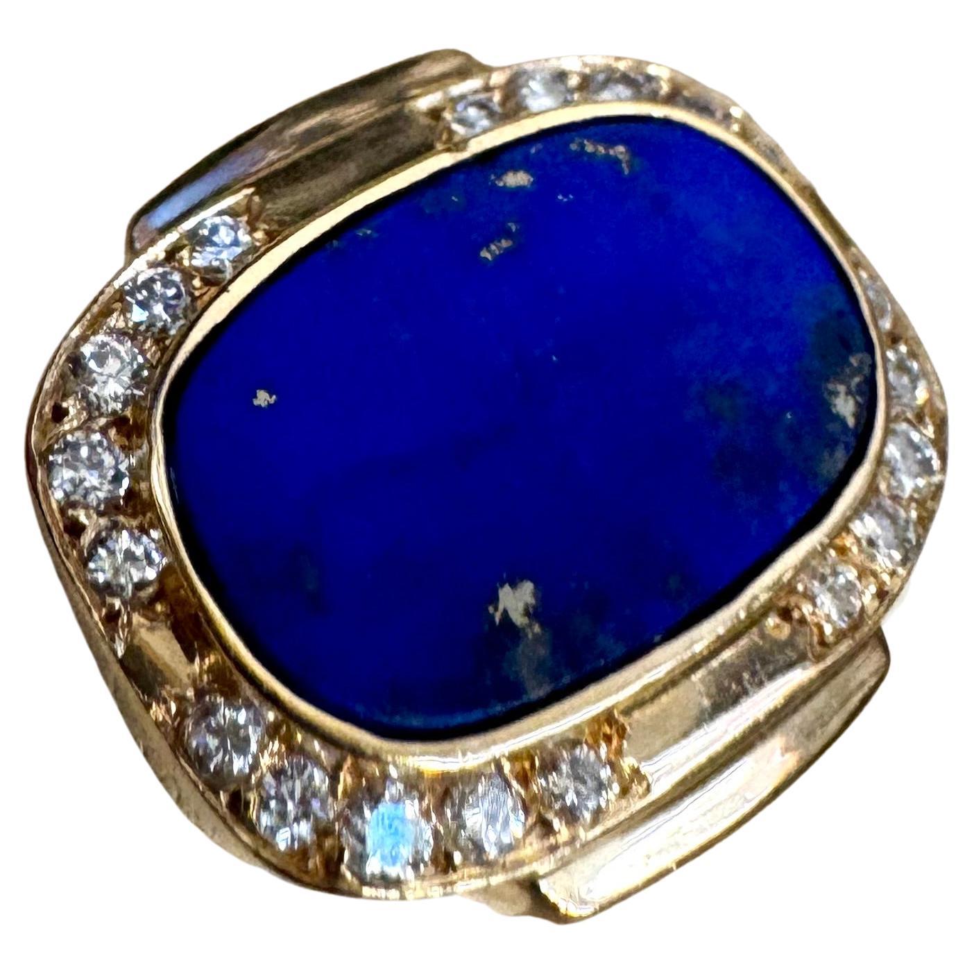 8.5 Ct Emerald cut Natural Lapis Lazuli + Diamond Ring 14 Kt Yellow Gold, 5.5 S