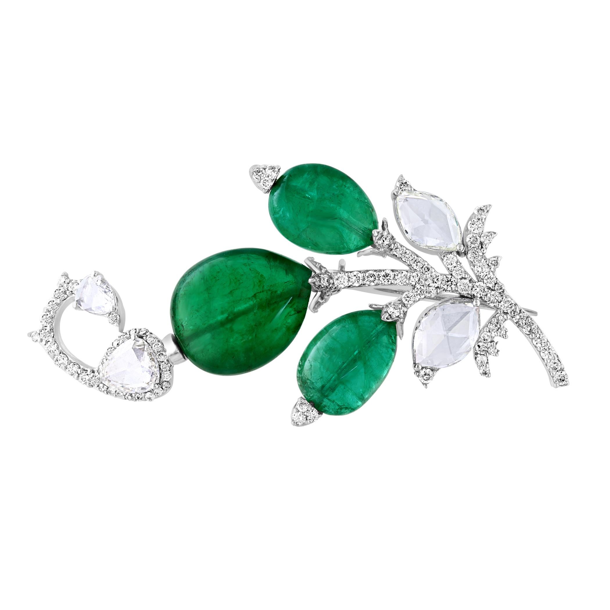 8.5 Ct Natural Oval Emerald Bead & 4 Ct Rose cut Diamond Brooch /Pin 18 Kt Gold For Sale 12