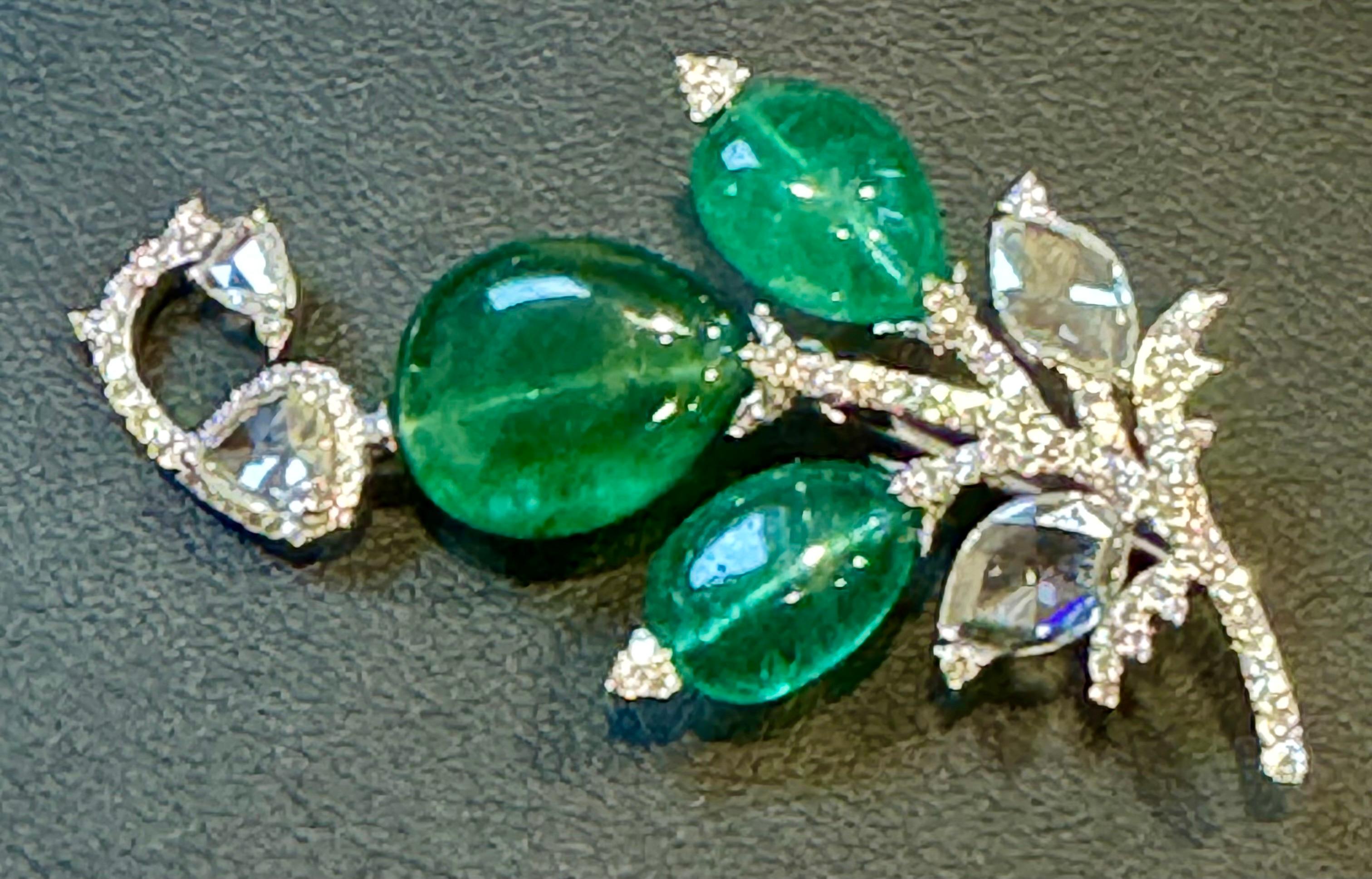 Broche en or 18 carats, perles d'émeraudes ovales naturelles de 8,5 carats et diamants de 4 carats de taille rose en vente 2