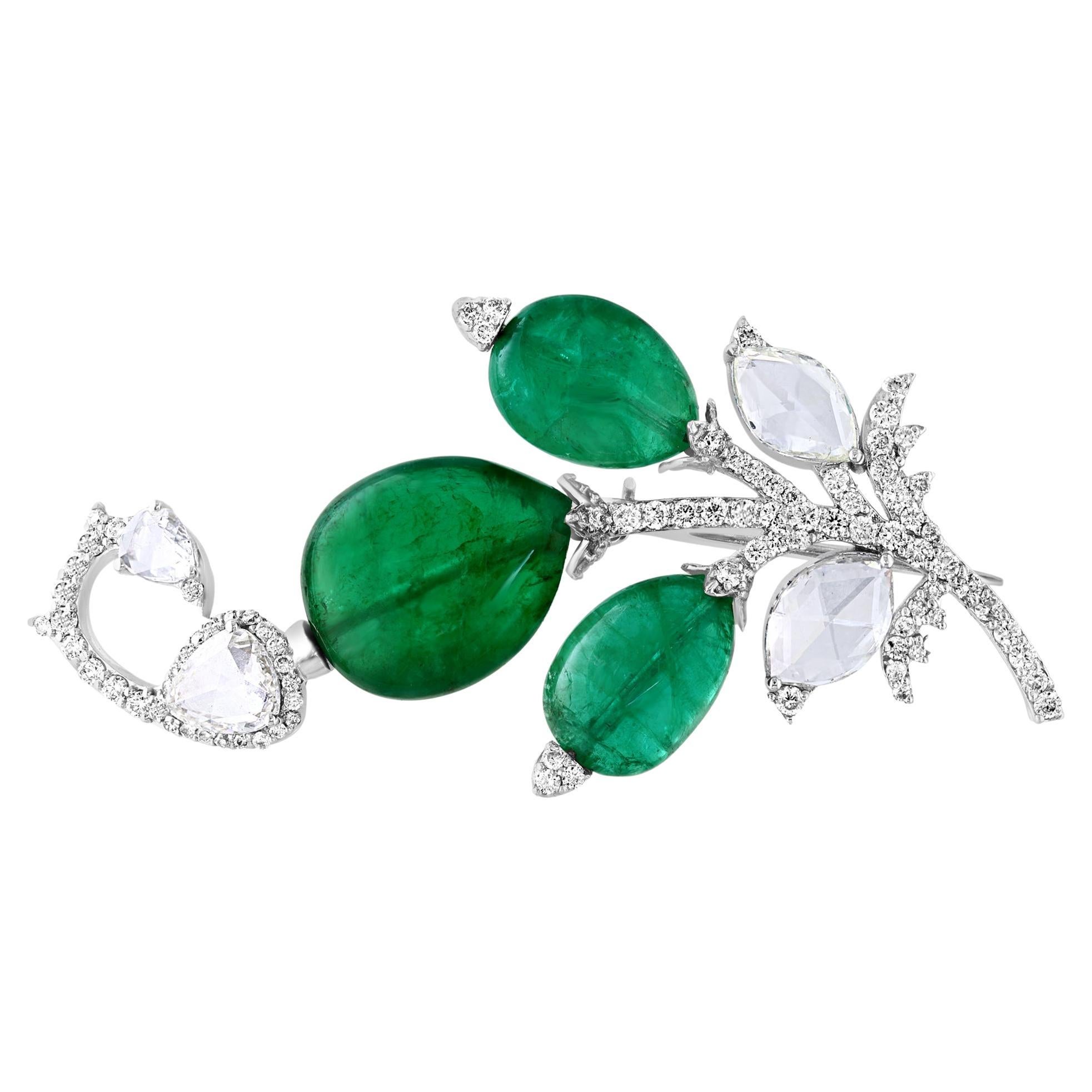 8.5 Ct Natural Oval Emerald Bead & 4 Ct Rose cut Diamond Brooch /Pin 18 Kt Gold For Sale