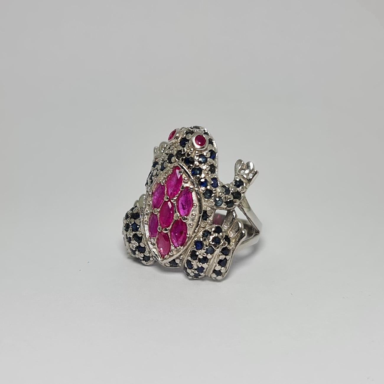  8.5 CTS Natural untreated Thailand Blue Sapphires and Natural Thailand glass filled rubies 3.5 CTS   Frog design Ring set in.925 Sterling Silver Rhodium Plated Ring 