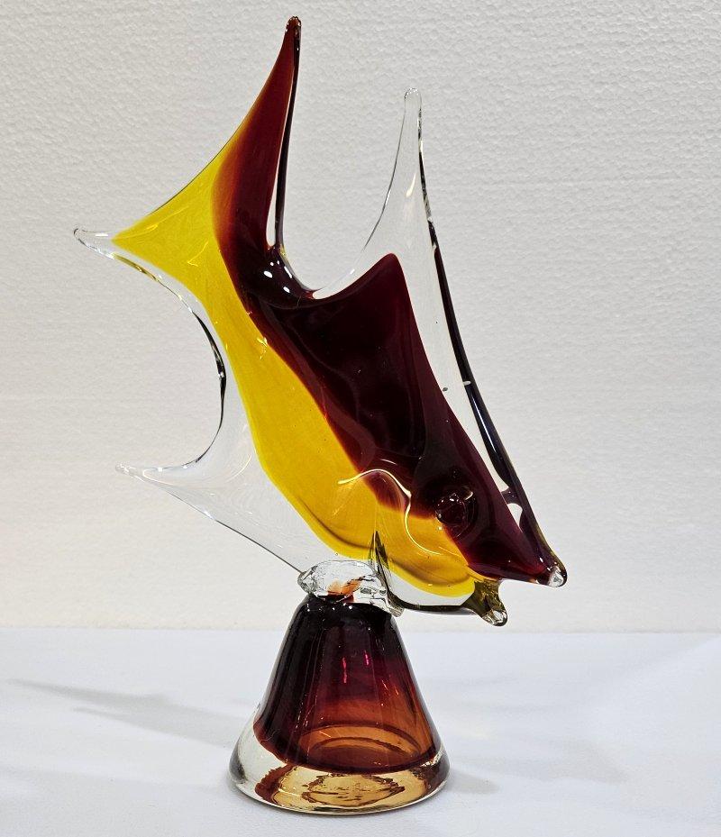 8.5 Inch Tall Wine-Red and Golden-Yellow Murano Art Glass Fish Sculpture. 
visit BeFirstBoldy com
This is a very handsome and colorful sommerso fish in very nice vintage condition. 
We assume it to be Murano made based on its characteristics.
There