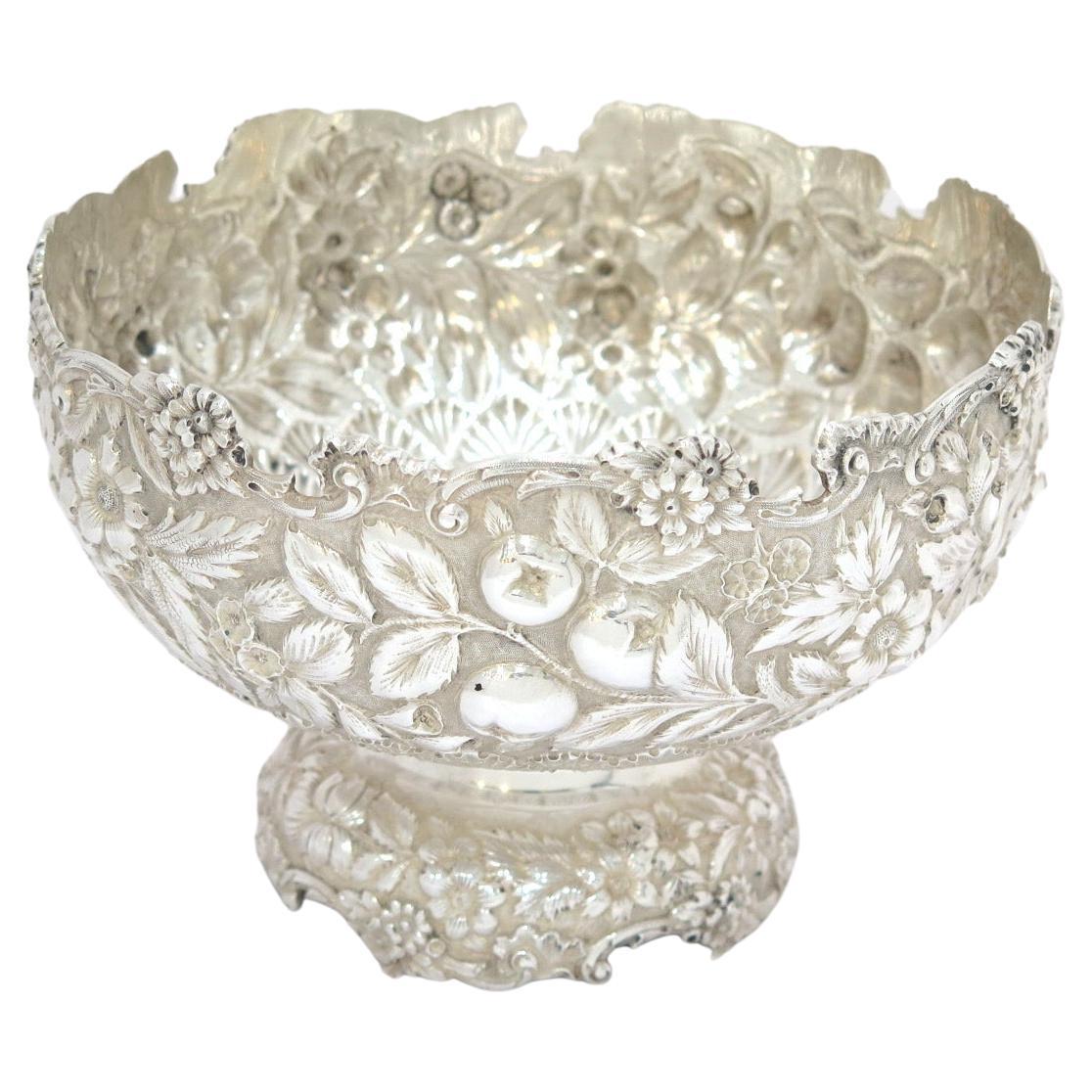 8.5" Sterling Silver Jacobi & Jenkins Antique Fruit Floral Repousse Footed Bowl