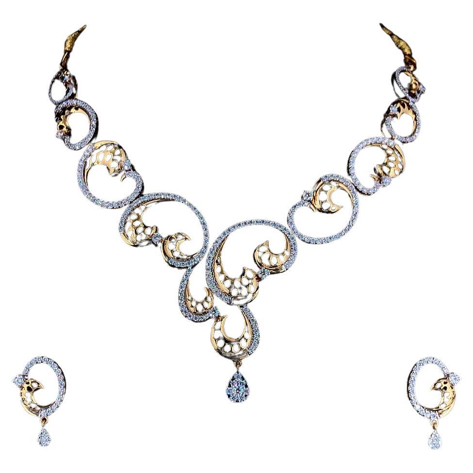 8.5 TCW Moissanite 18kt Gold designer Bridal Necklace, Earring, Bracelet set For Sale