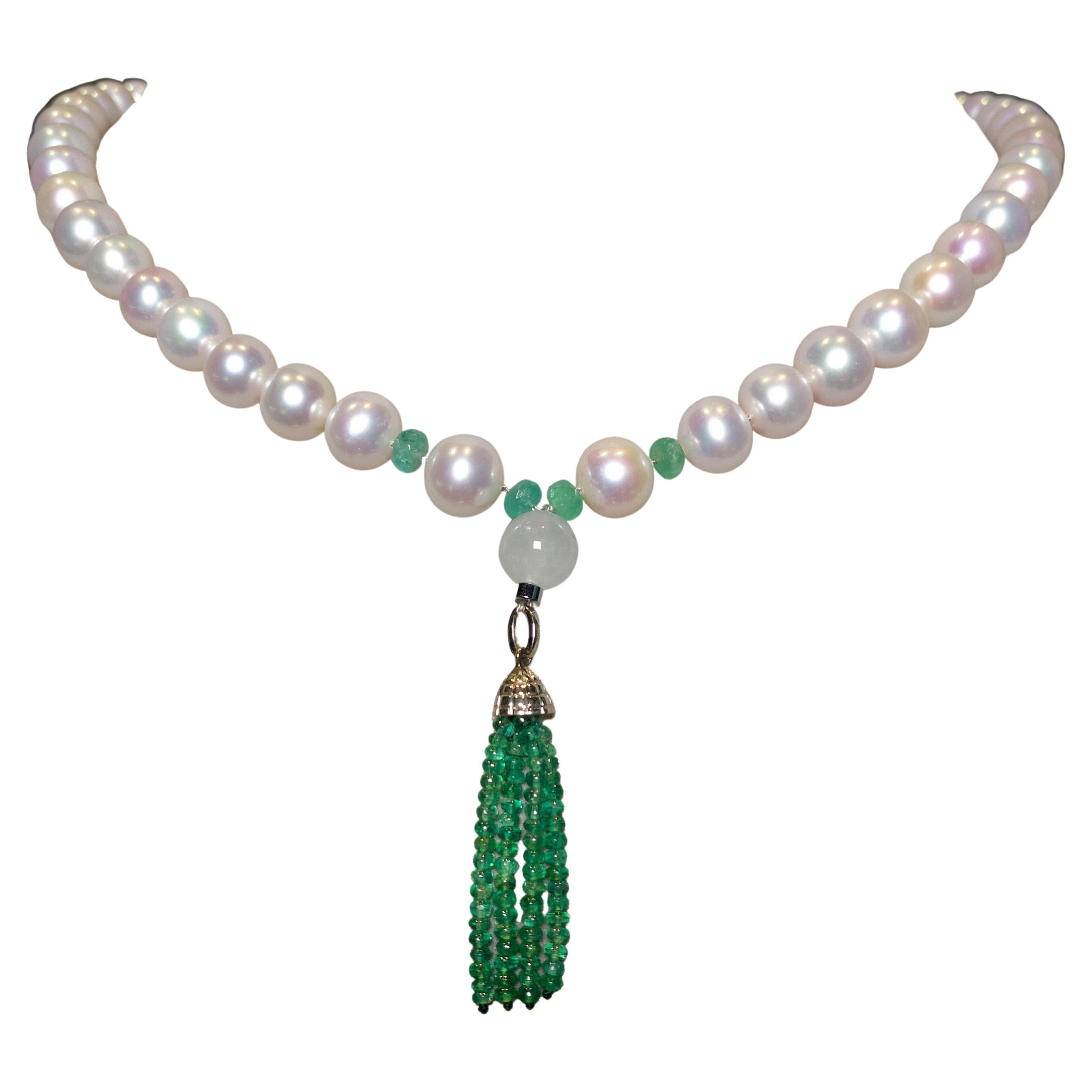 Freshwater Pearl, Emerald and Jadeite Necklace with 18k Gold Clasp