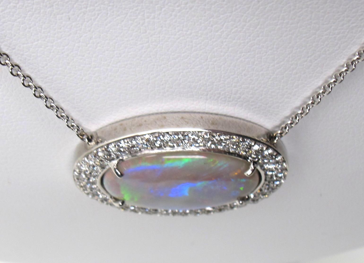 Artisan 8.50 Carat Australian Opal and Diamond Halo Necklace in 14k White Gold For Sale